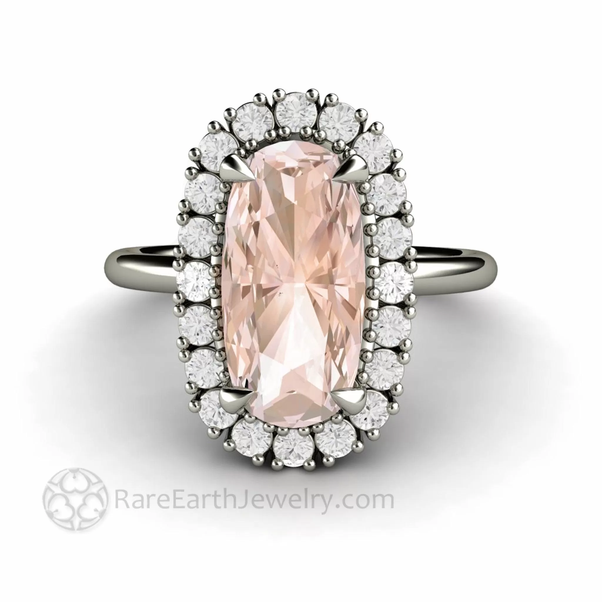 Elongated Cushion Cut Morganite Engagement Ring with Diamond Halo