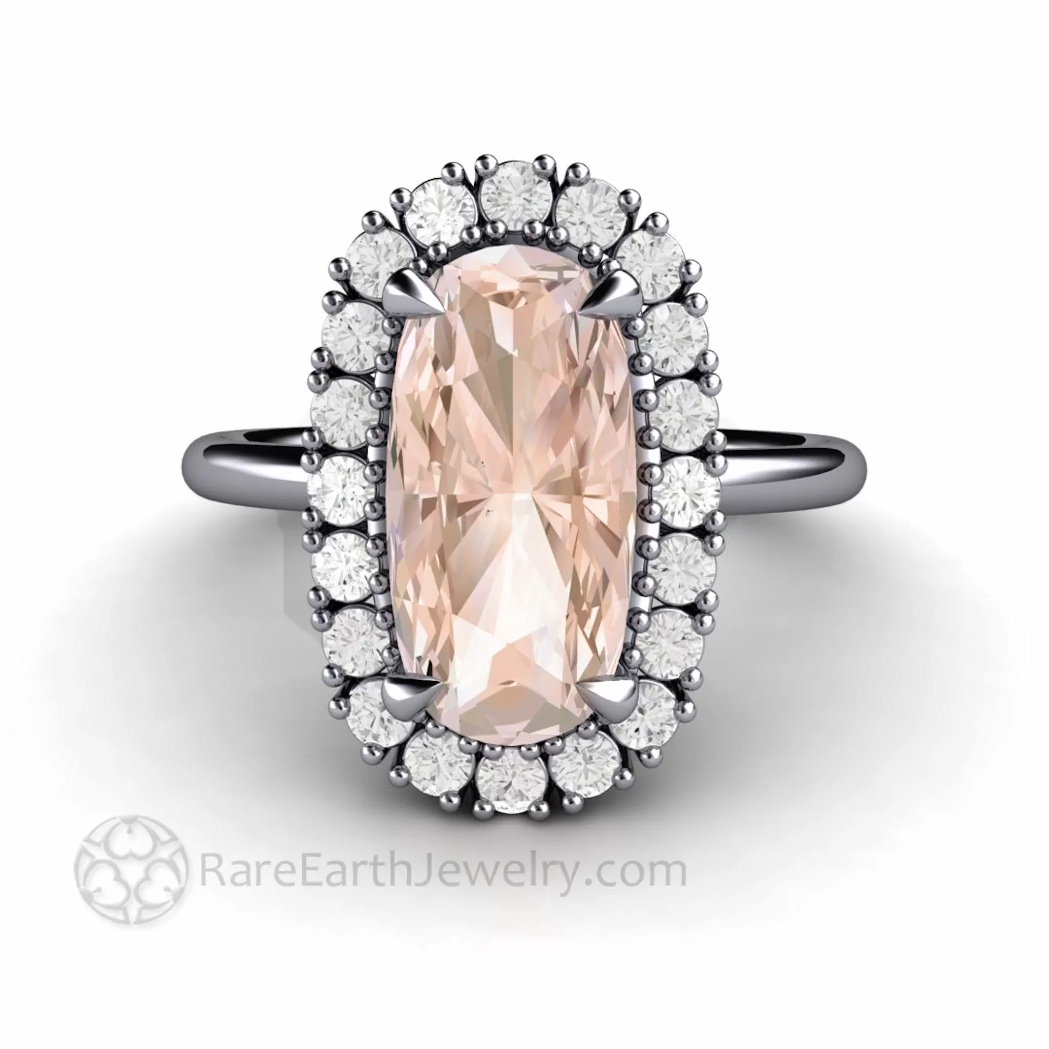 Elongated Cushion Cut Morganite Engagement Ring with Diamond Halo