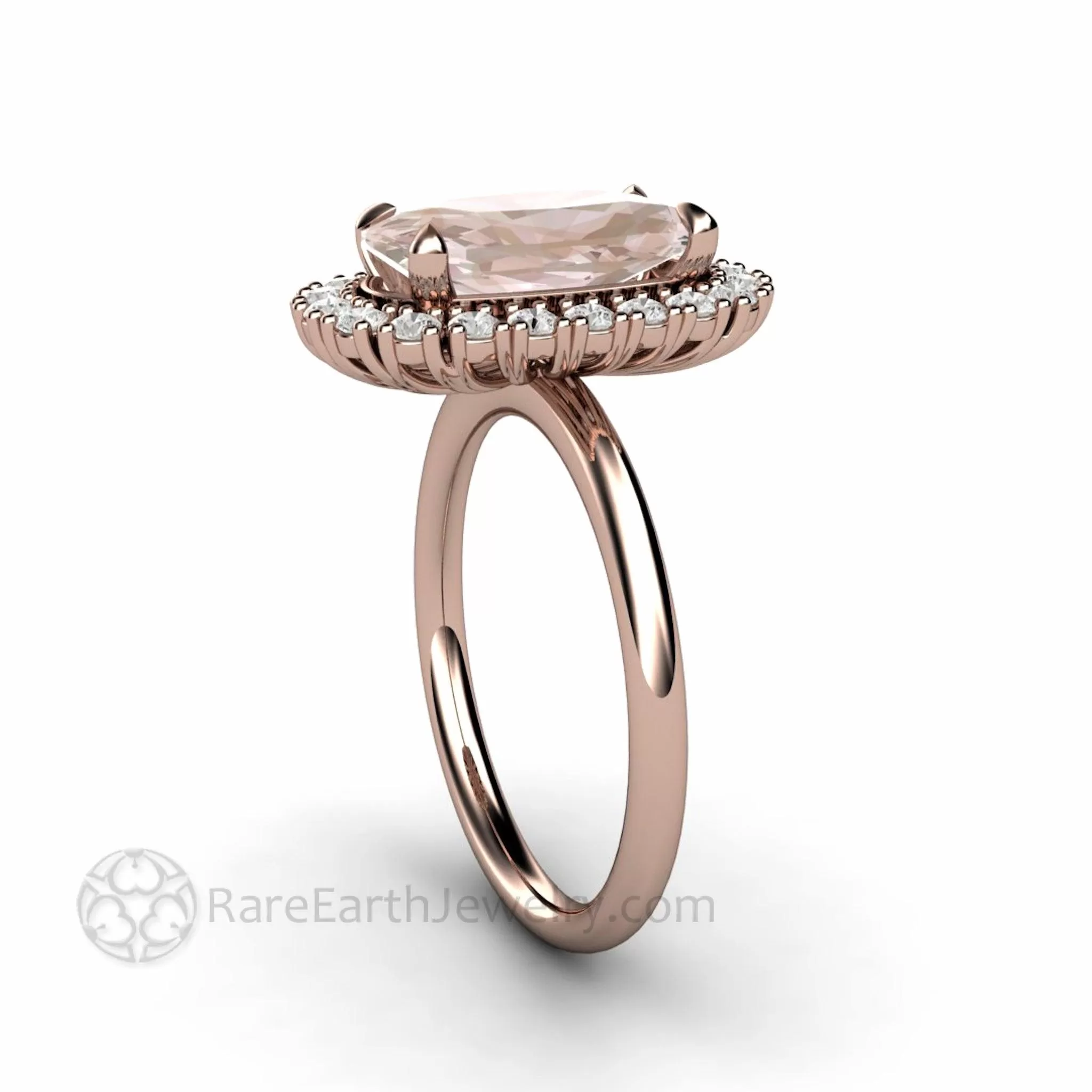 Elongated Cushion Cut Morganite Engagement Ring with Diamond Halo