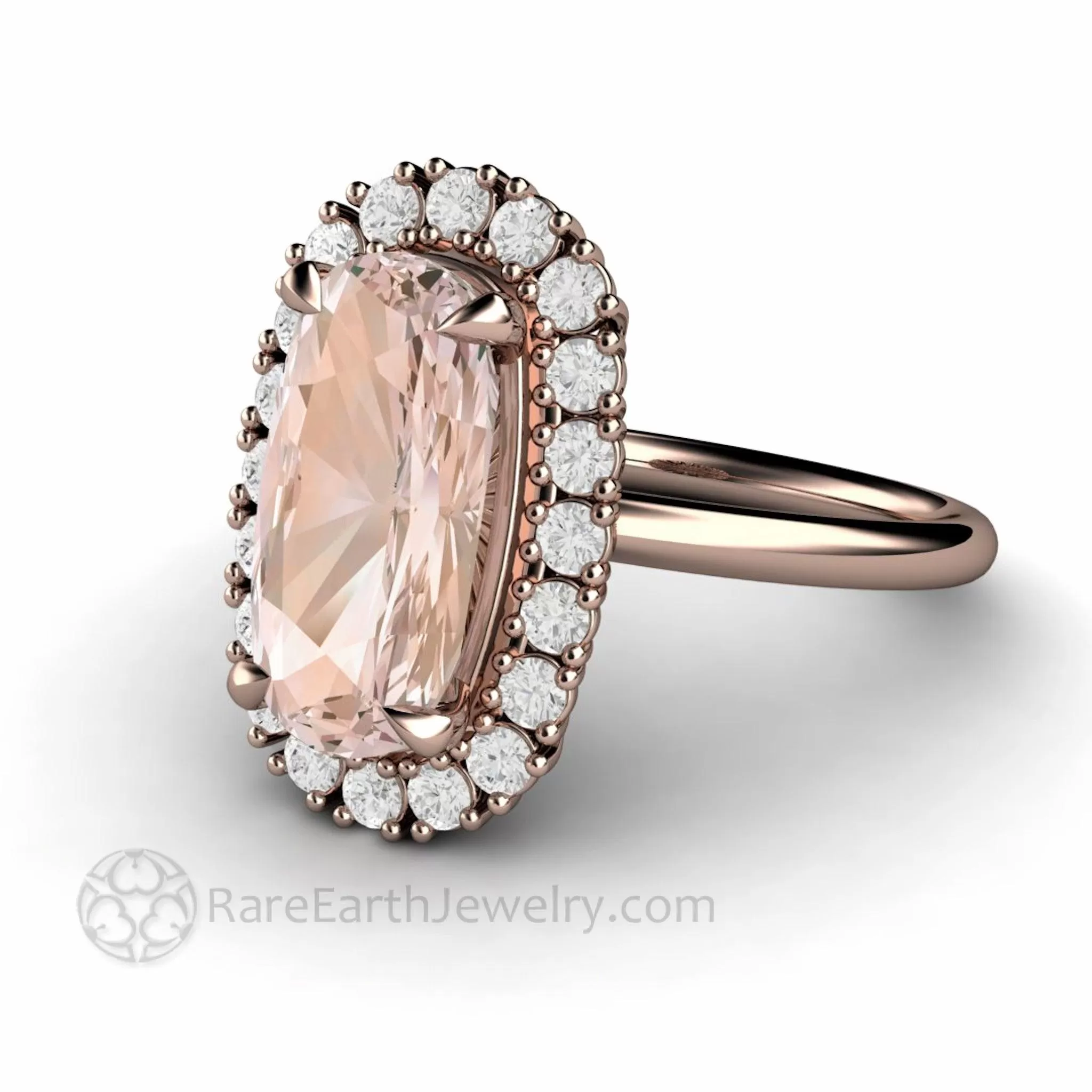 Elongated Cushion Cut Morganite Engagement Ring with Diamond Halo