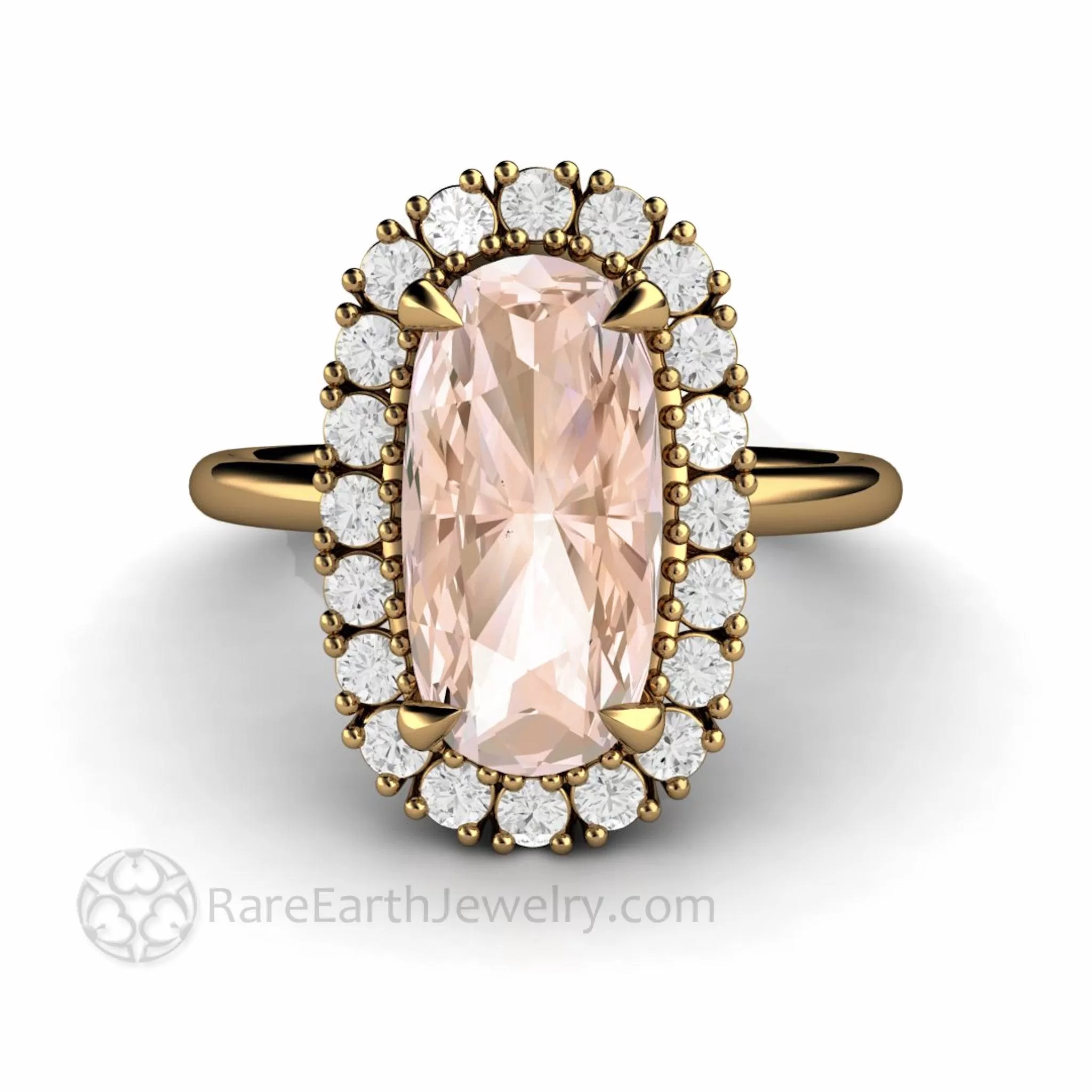 Elongated Cushion Cut Morganite Engagement Ring with Diamond Halo