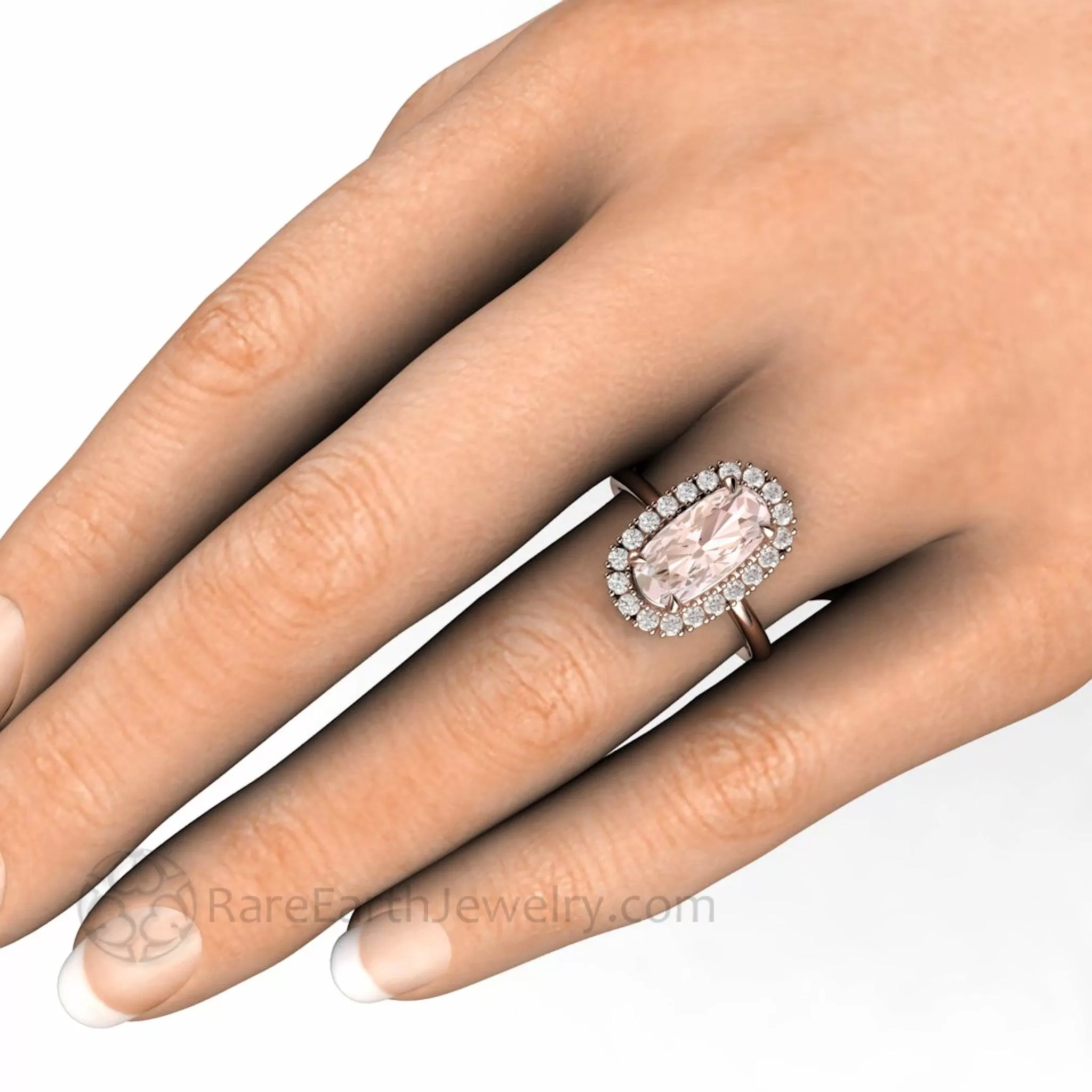 Elongated Cushion Cut Morganite Engagement Ring with Diamond Halo