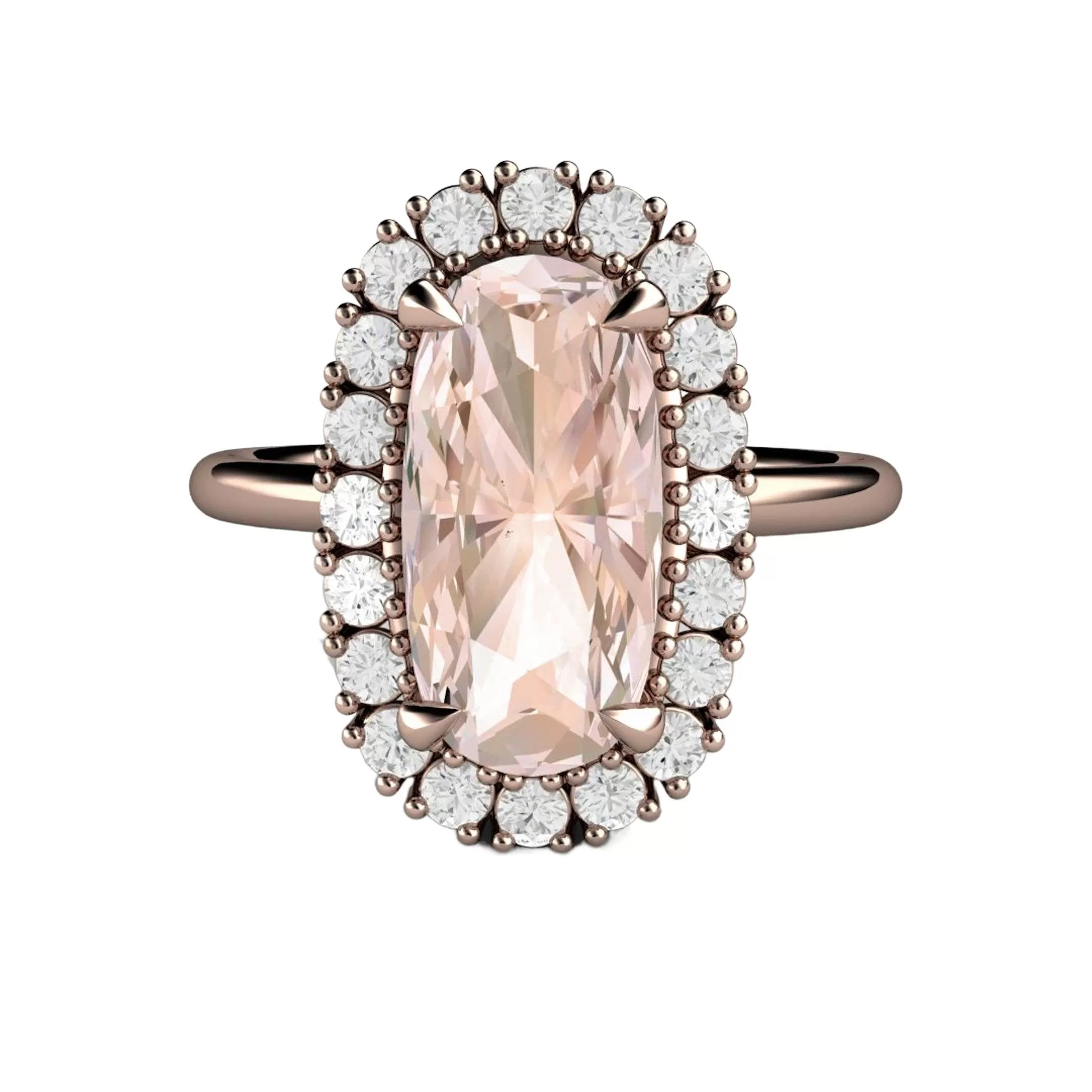 Elongated Cushion Cut Morganite Engagement Ring with Diamond Halo