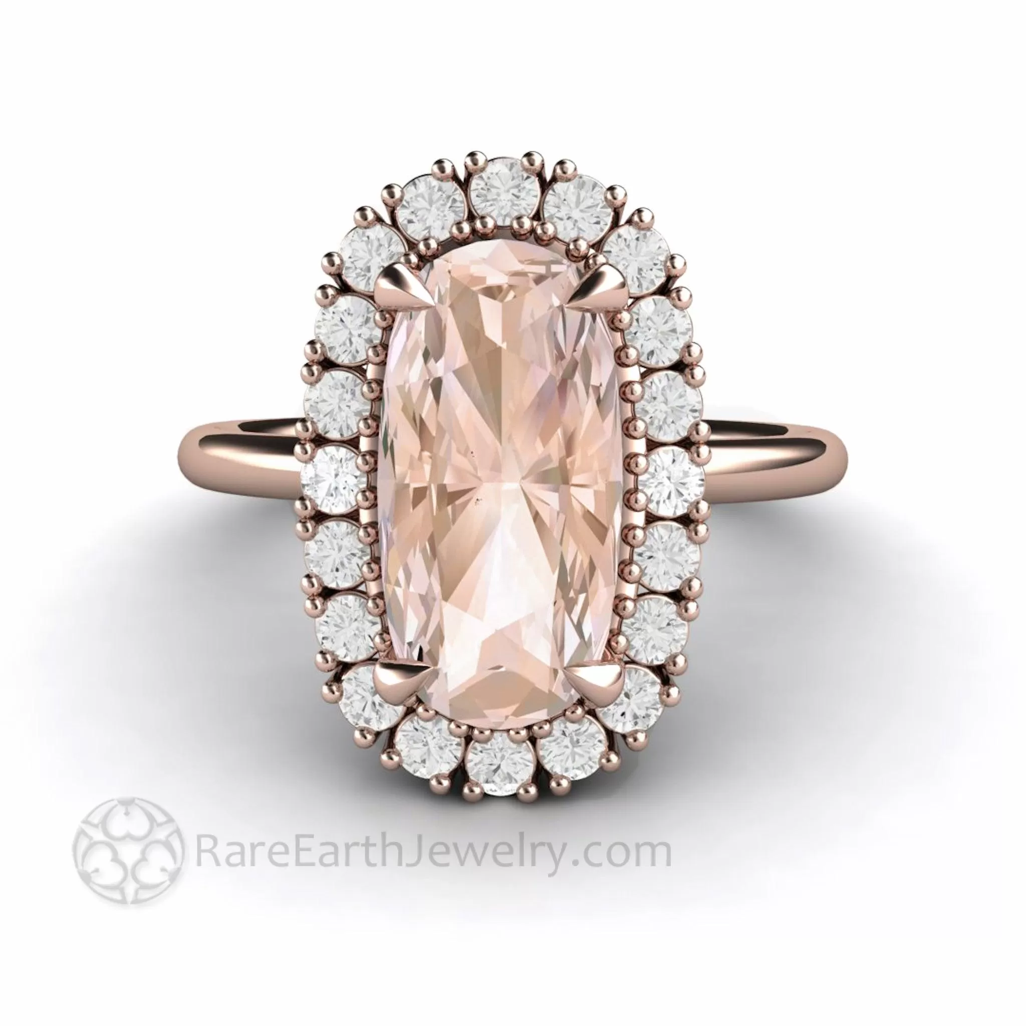 Elongated Cushion Cut Morganite Engagement Ring with Diamond Halo