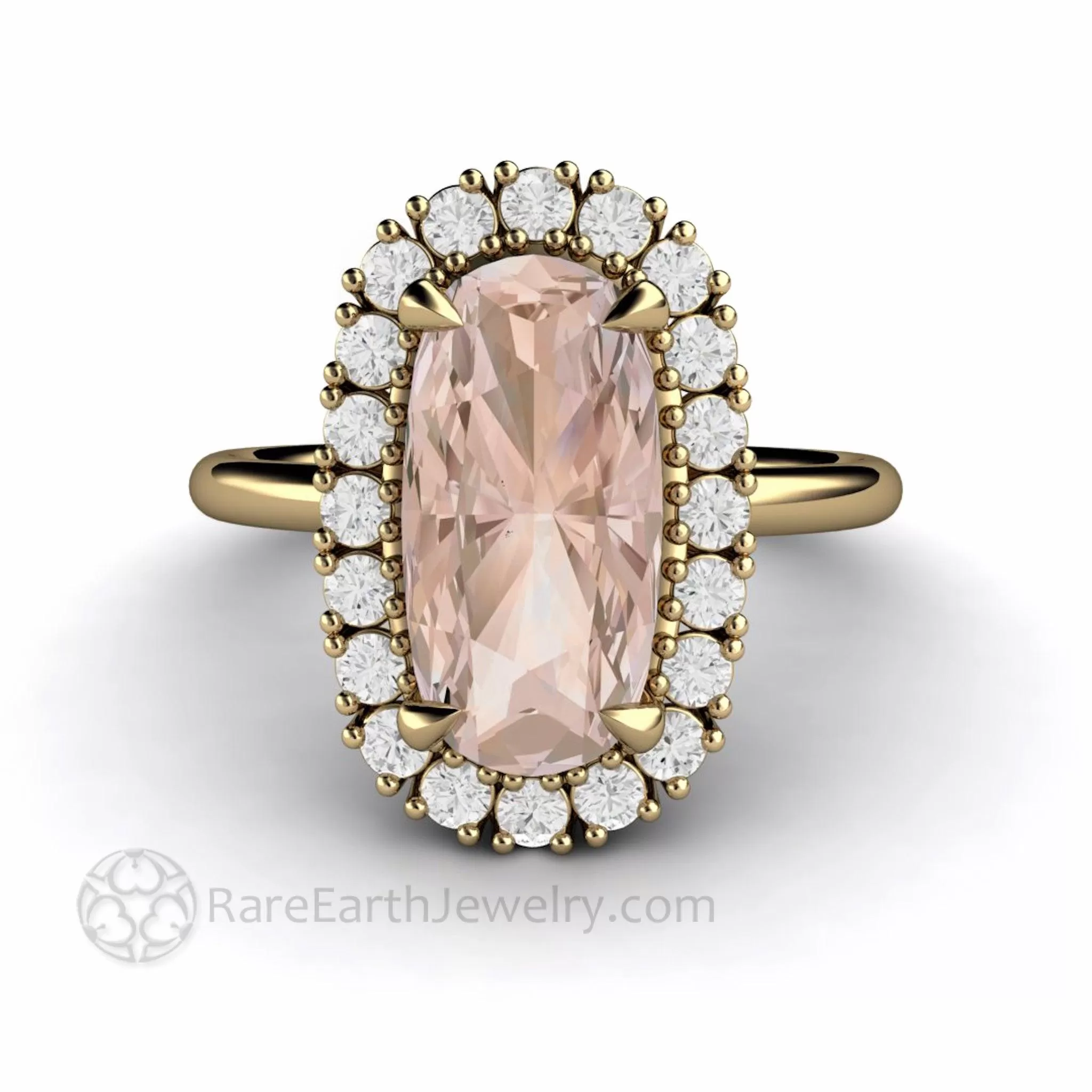 Elongated Cushion Cut Morganite Engagement Ring with Diamond Halo