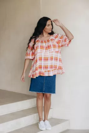 FINAL SALE Elfie Ruffle Top in Ember Check