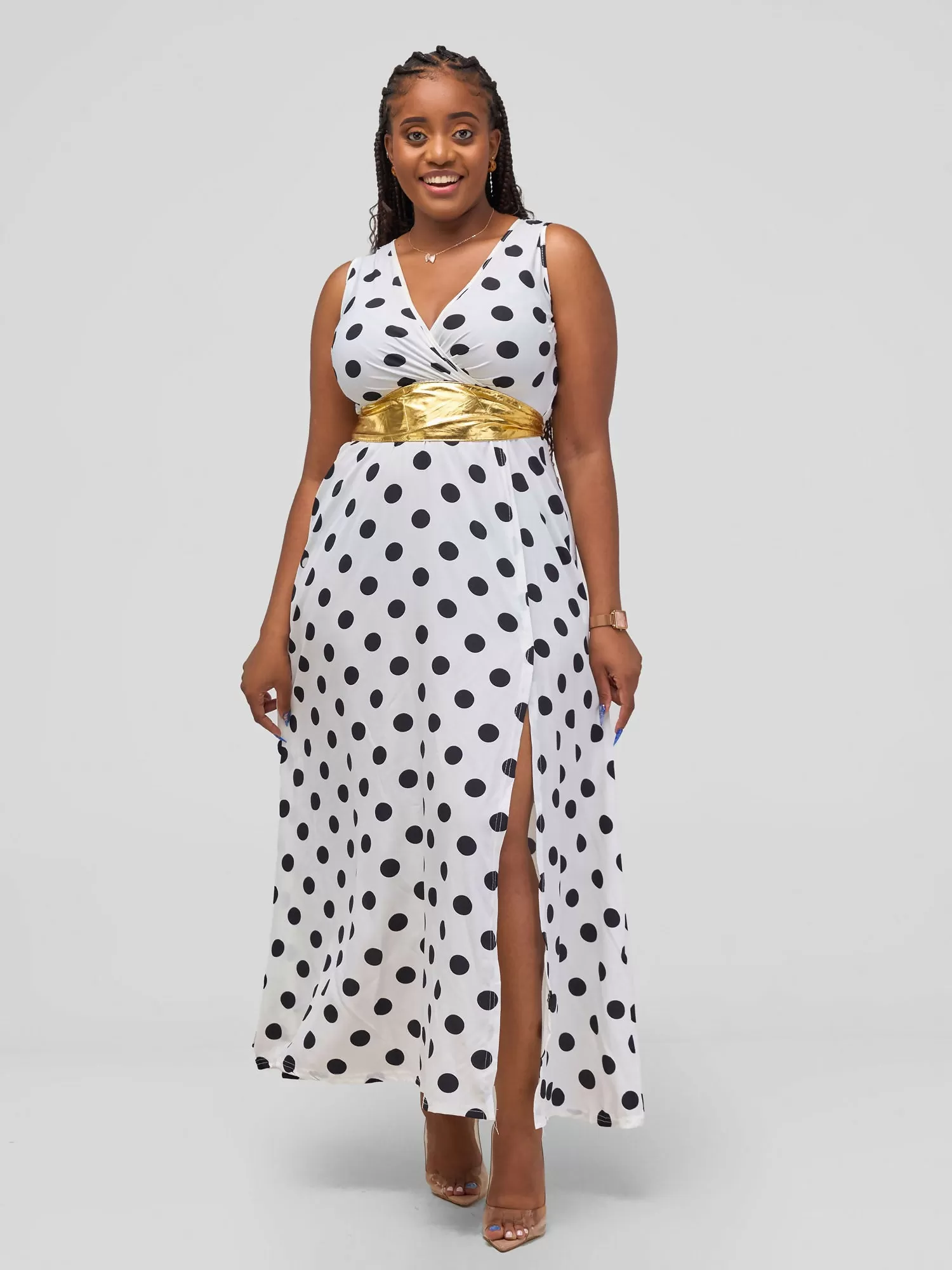 Gloshe Long Slit Polka Dress - White / Black