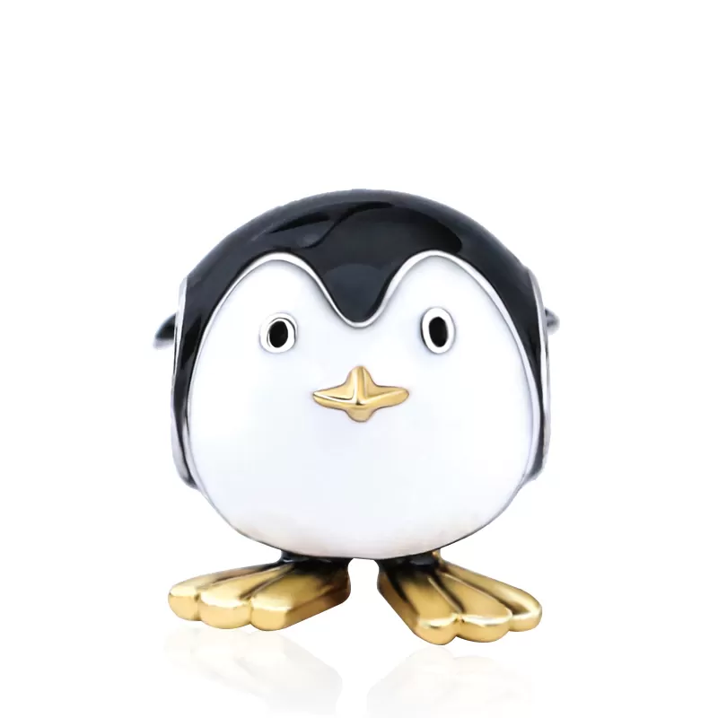 Gold, Black & White Penguin Charm 925 Sterling Silver