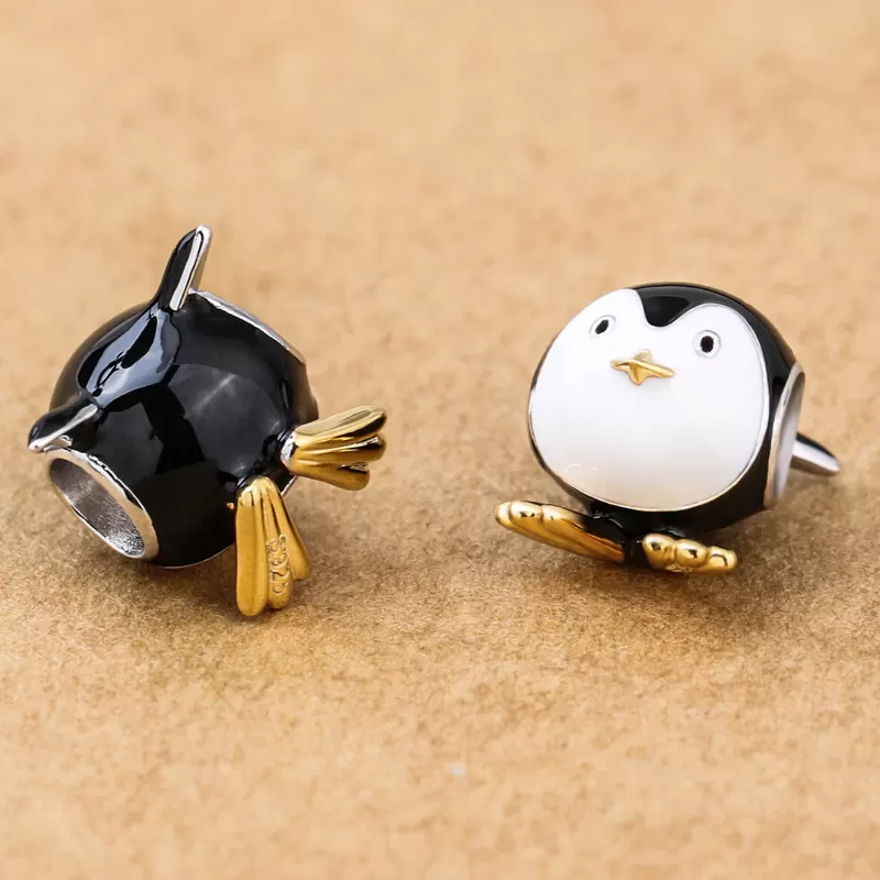 Gold, Black & White Penguin Charm 925 Sterling Silver