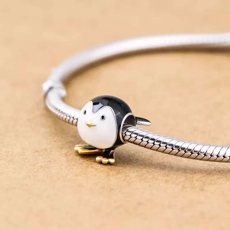 Gold, Black & White Penguin Charm 925 Sterling Silver