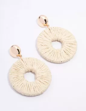 Gold Disc Raffia Circle Drop Earrings