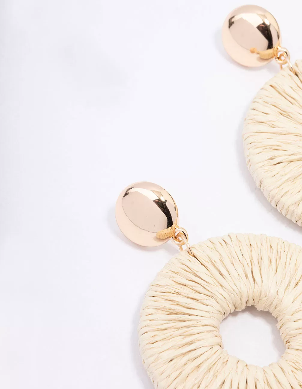 Gold Disc Raffia Circle Drop Earrings