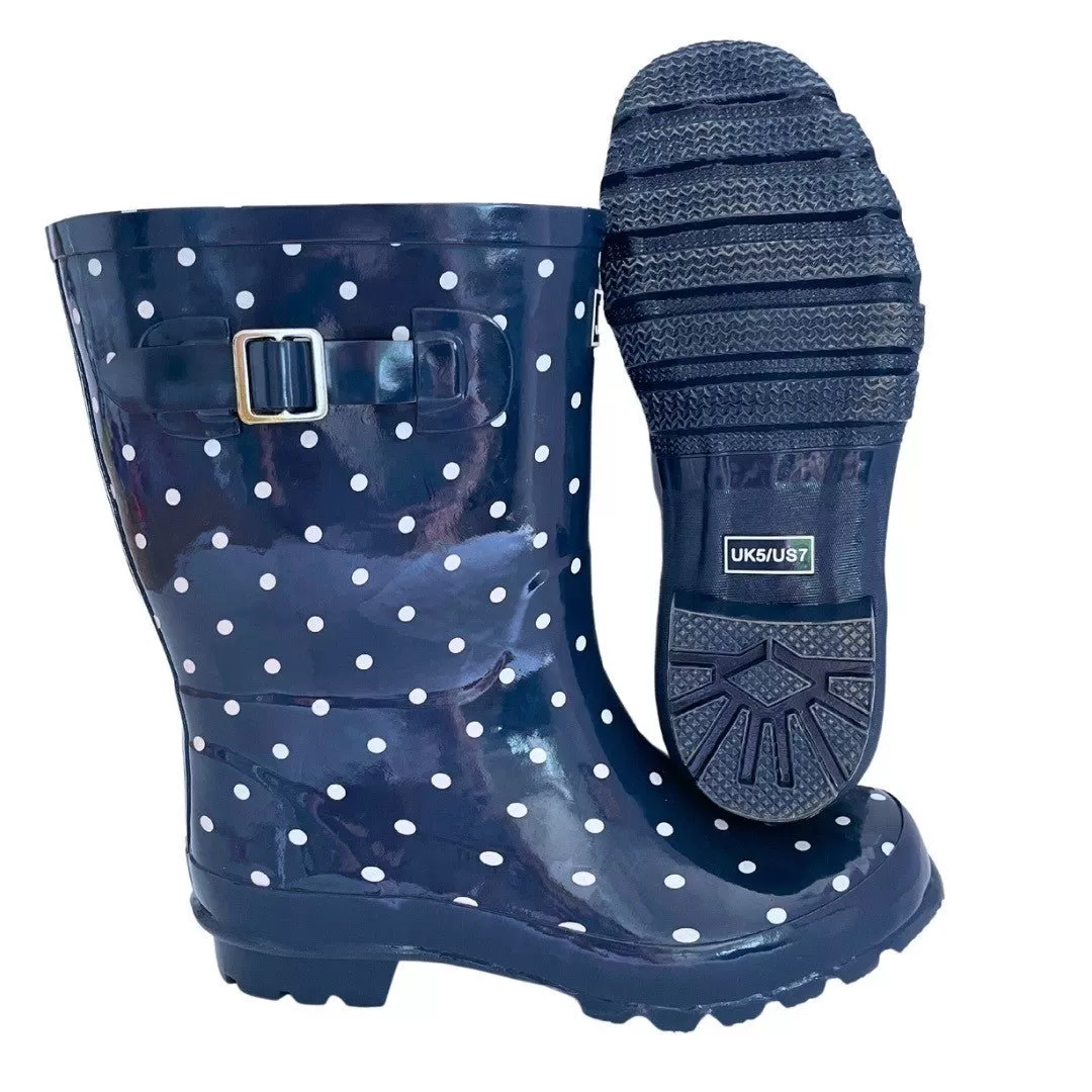 Half Height Navy Spot Wellies - Wide Foot & Ankle