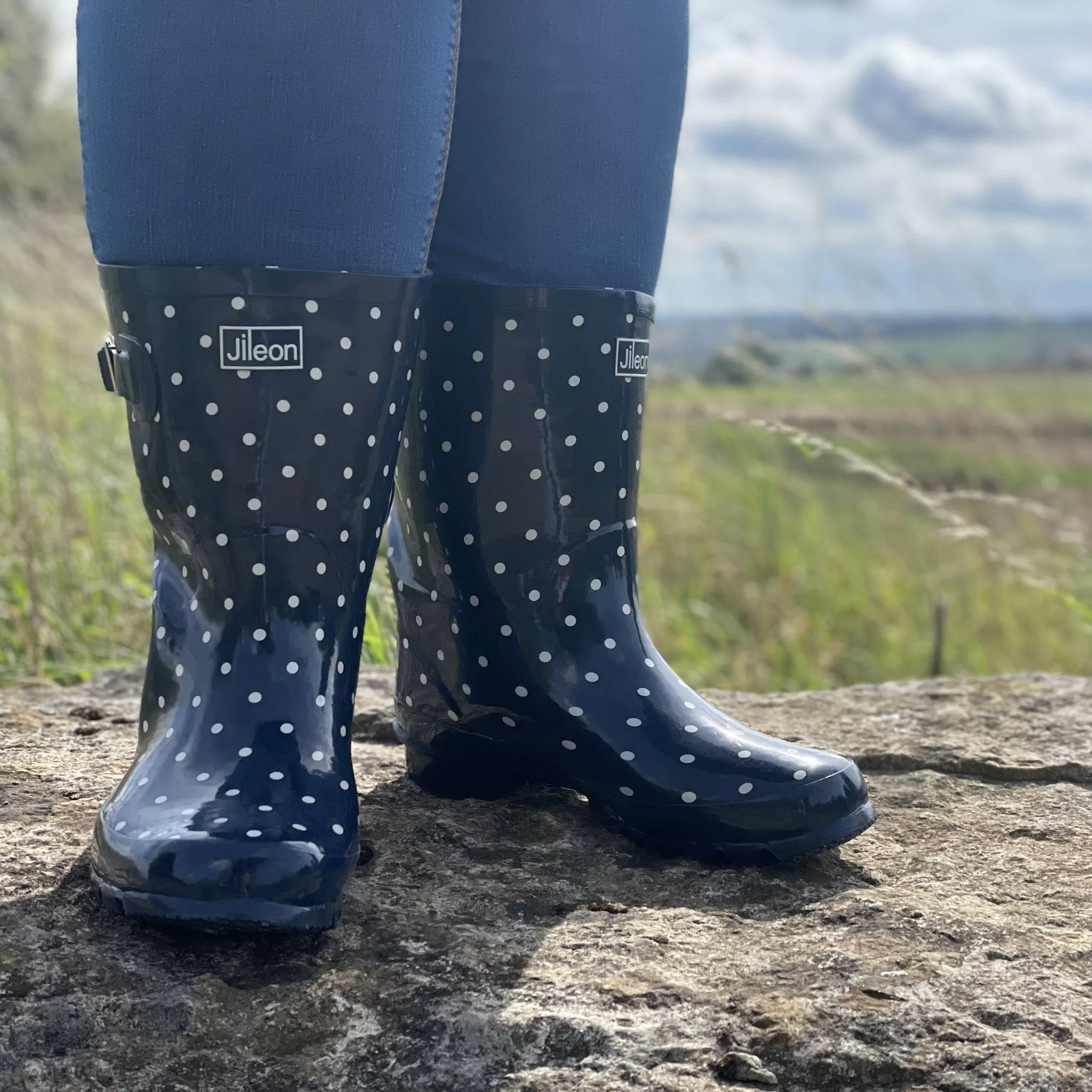 Half Height Navy Spot Wellies - Wide Foot & Ankle