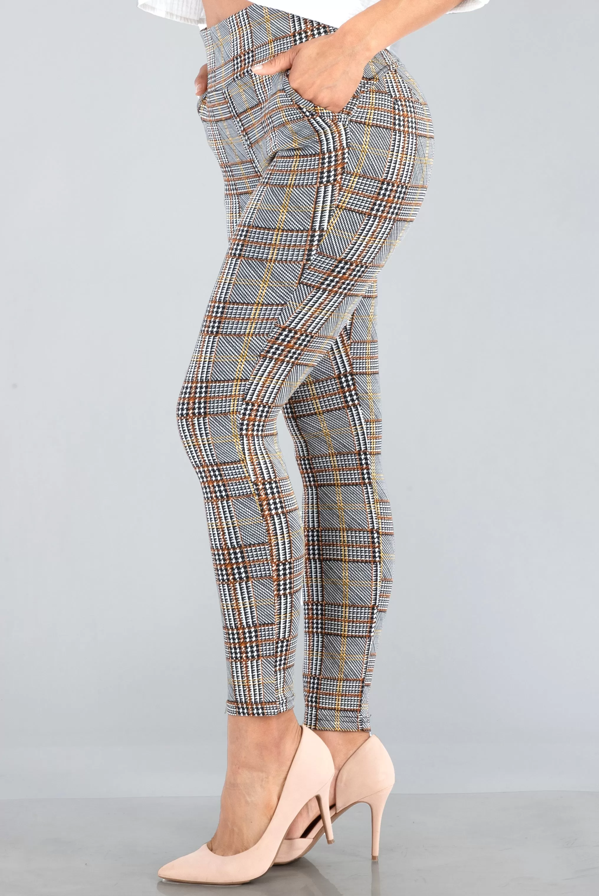 High Waist Sculpting Treggings With Front Pockets - Khaki, White, Black Plaid