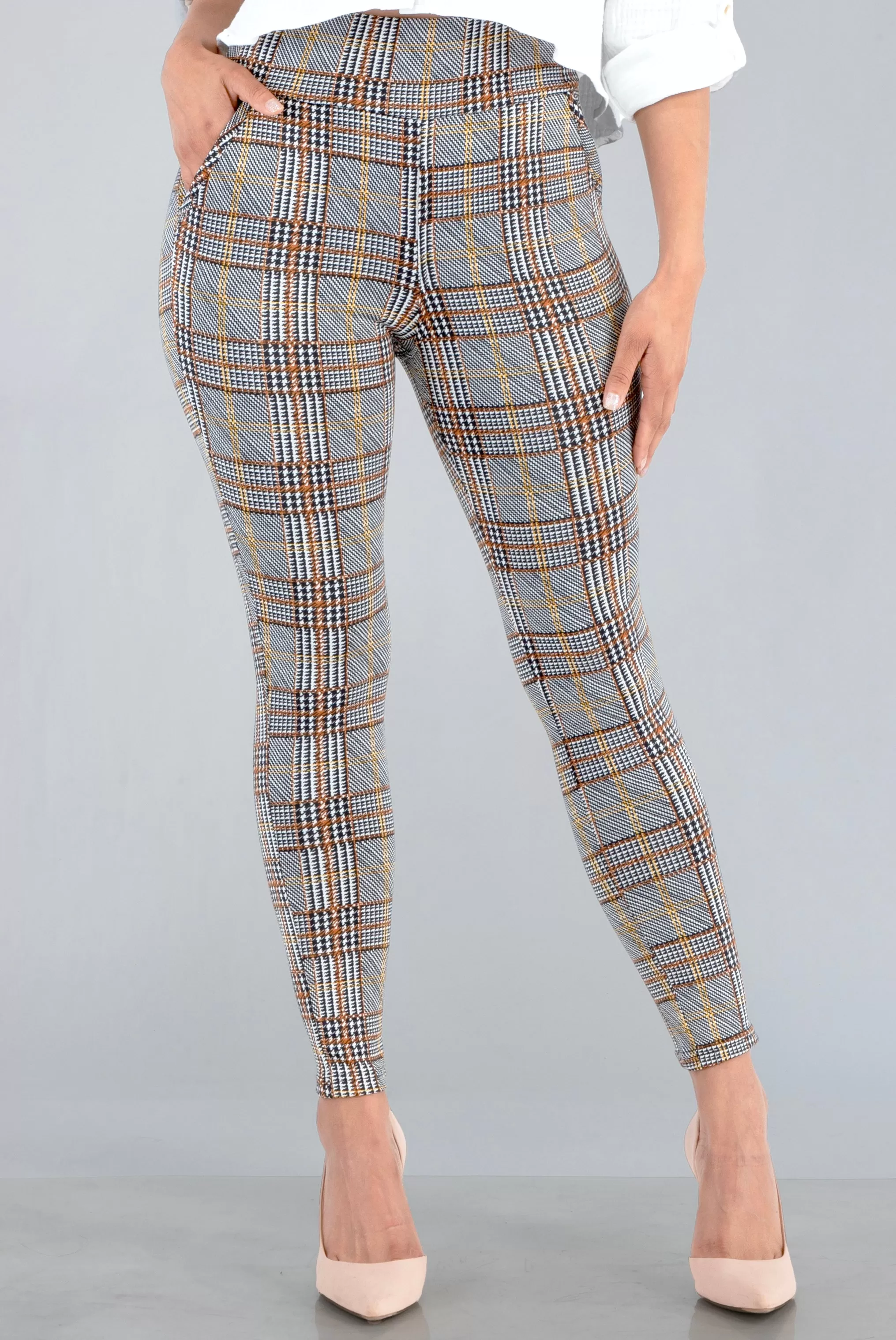 High Waist Sculpting Treggings With Front Pockets - Khaki, White, Black Plaid