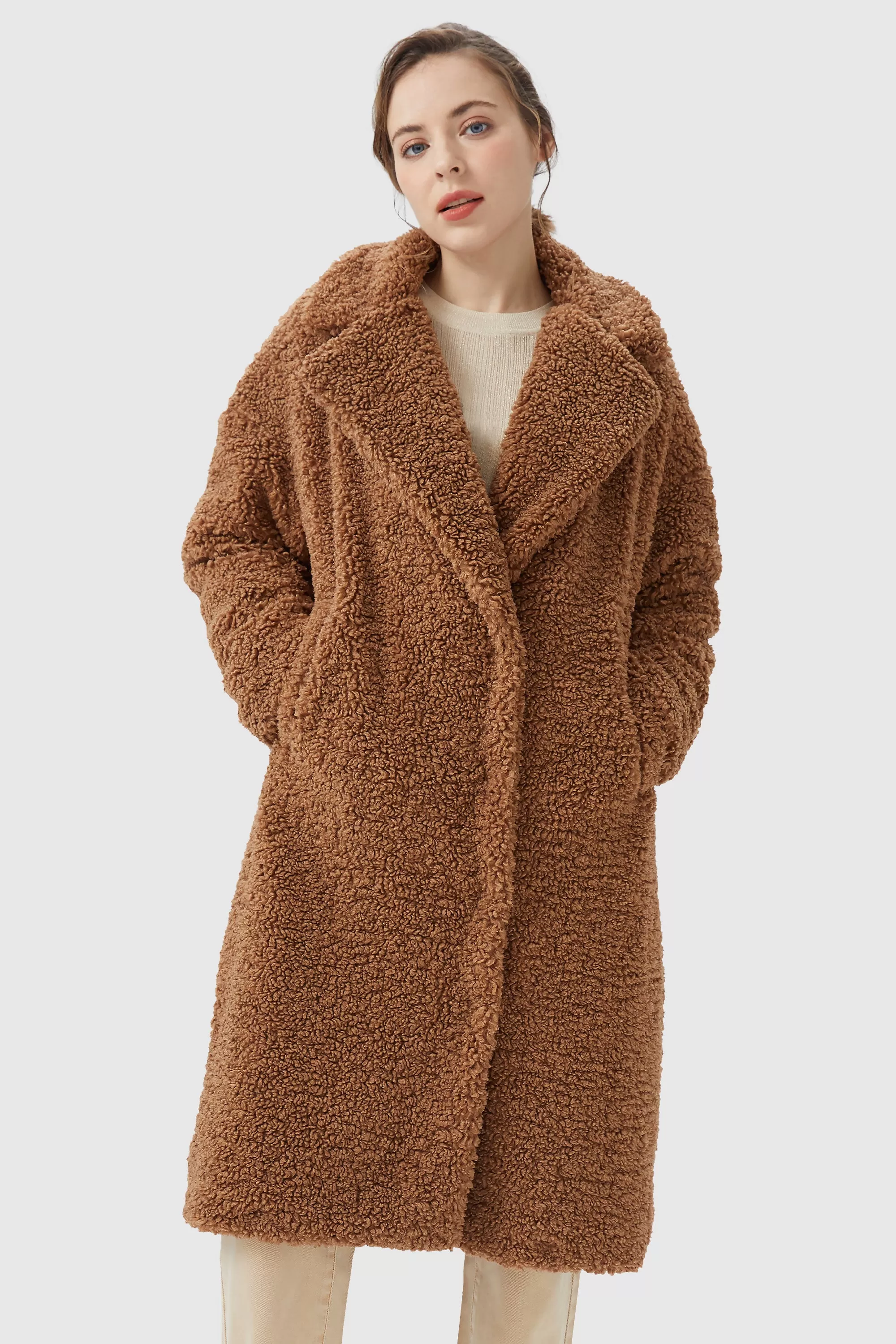 Knee Length Fuzzy Fleece Lapel Down Coat