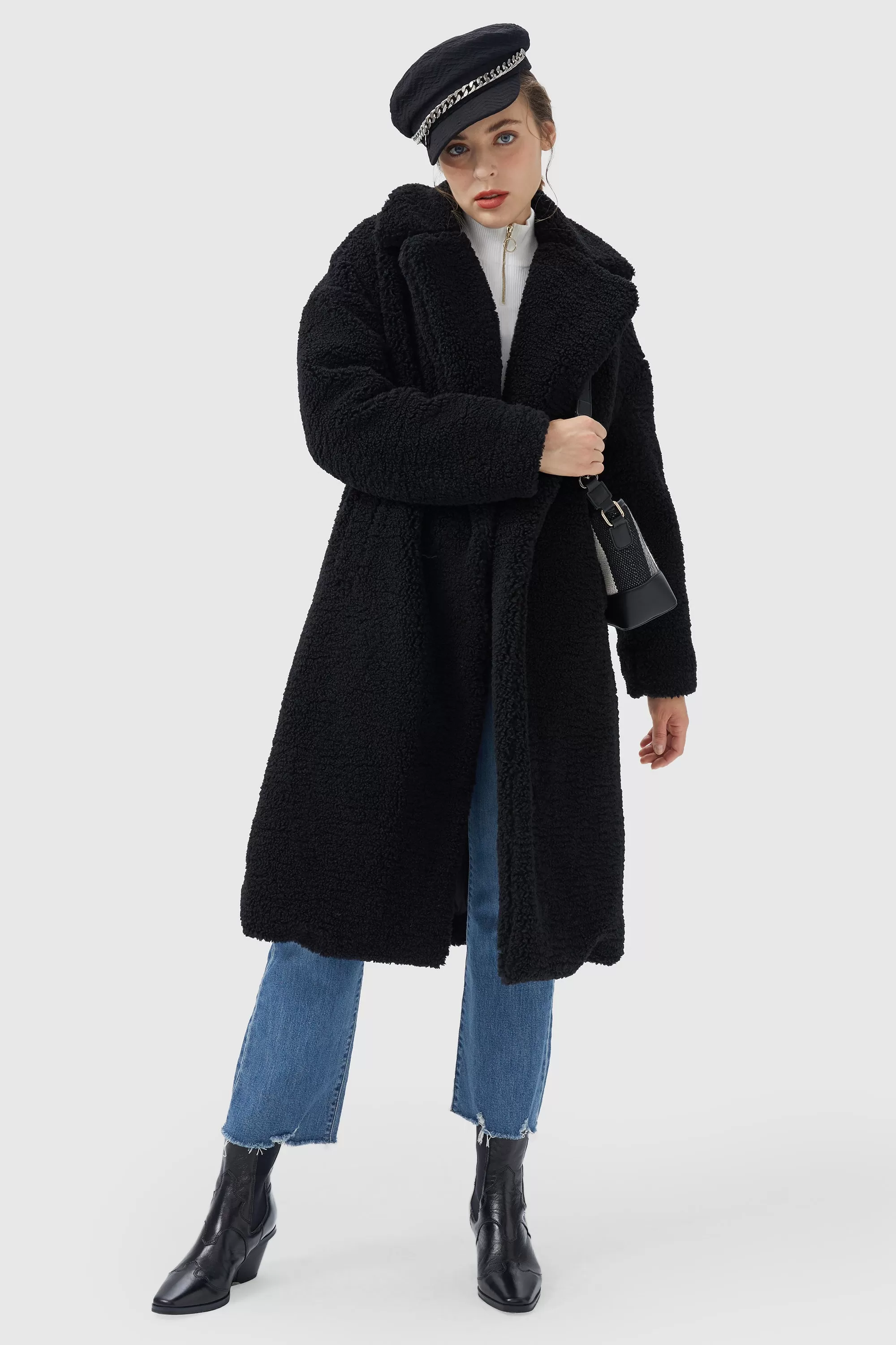 Knee Length Fuzzy Fleece Lapel Down Coat