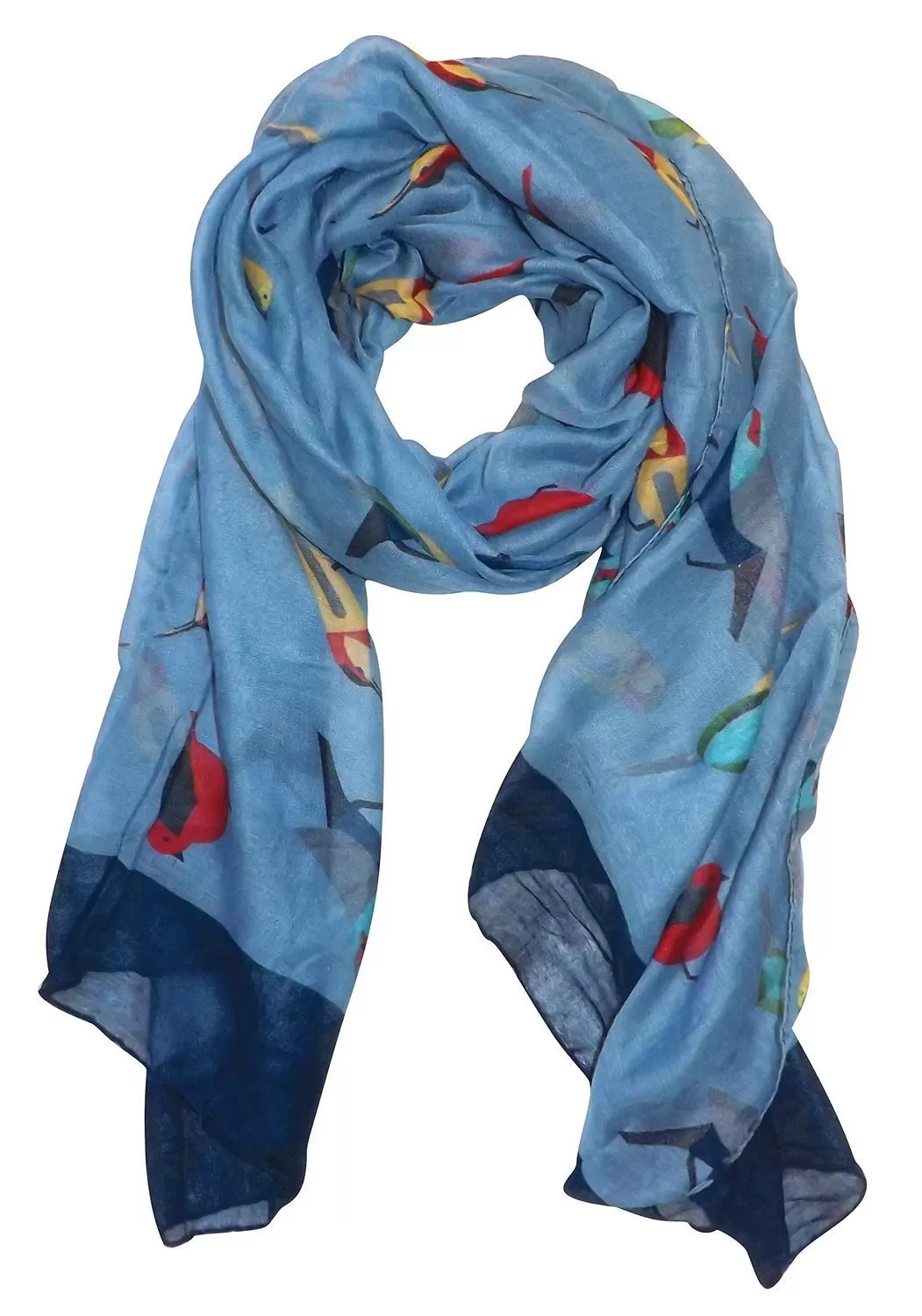 Light Blue Peach Couture Cute Vintage Lightweight Graphic Finch Bird Print Scarf