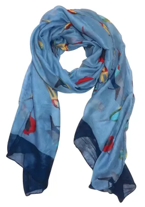 Light Blue Peach Couture Cute Vintage Lightweight Graphic Finch Bird Print Scarf