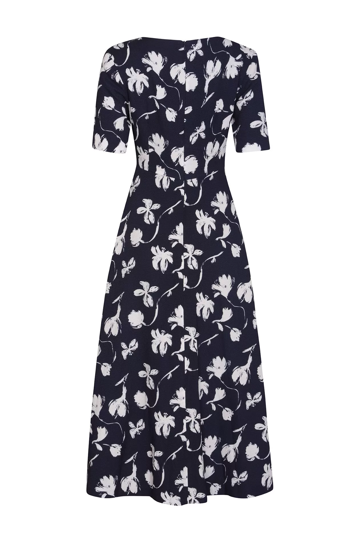 Longer Length Full Skirted Dress, with Short Sleeves in Navy/Ivory Floral Print Silk Cloqué- Lexie