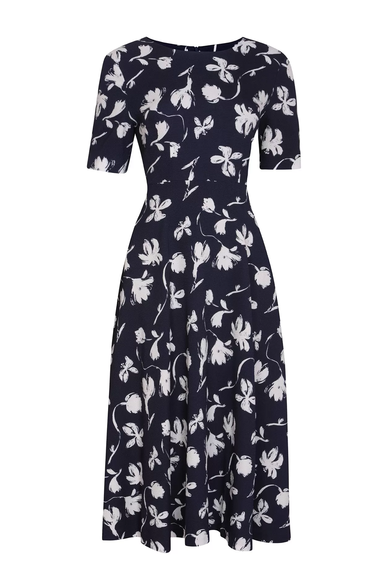 Longer Length Full Skirted Dress, with Short Sleeves in Navy/Ivory Floral Print Silk Cloqué- Lexie