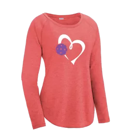 Love Pickleball Heart (Purple) | Women's Long Sleeve Scoop Neck Pickleball Shirts | 75/13/12 poly/cotton/rayon