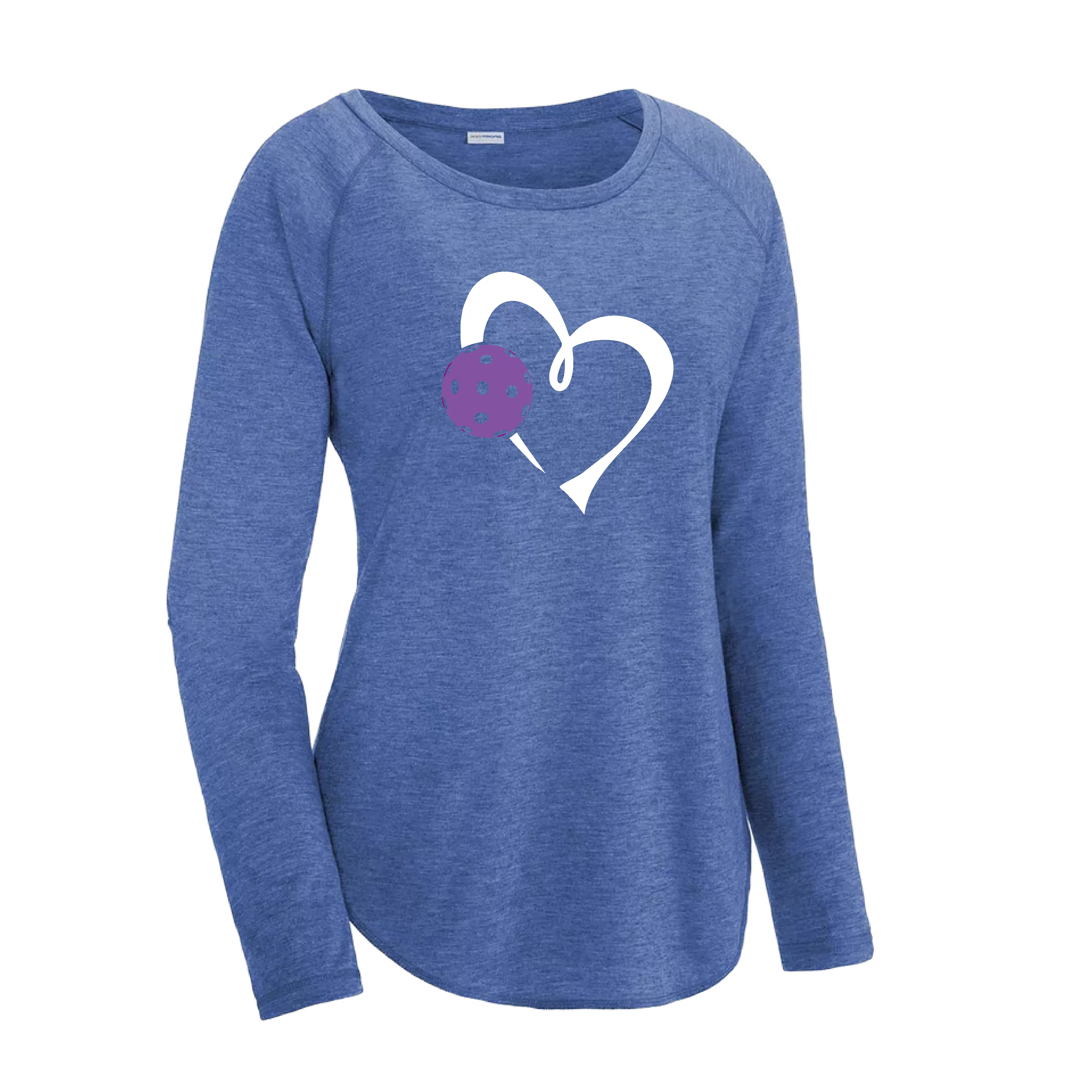 Love Pickleball Heart (Purple) | Women's Long Sleeve Scoop Neck Pickleball Shirts | 75/13/12 poly/cotton/rayon