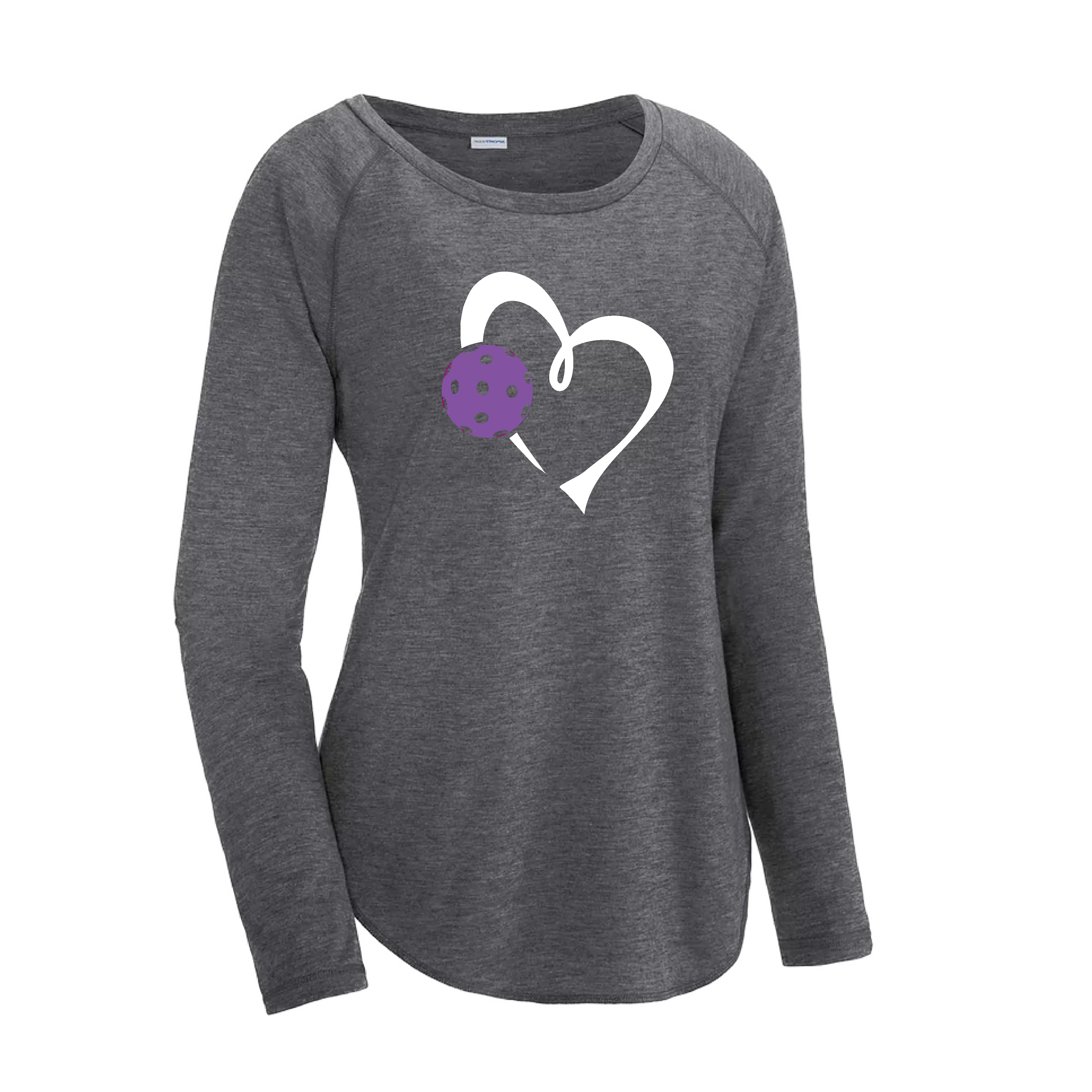 Love Pickleball Heart (Purple) | Women's Long Sleeve Scoop Neck Pickleball Shirts | 75/13/12 poly/cotton/rayon