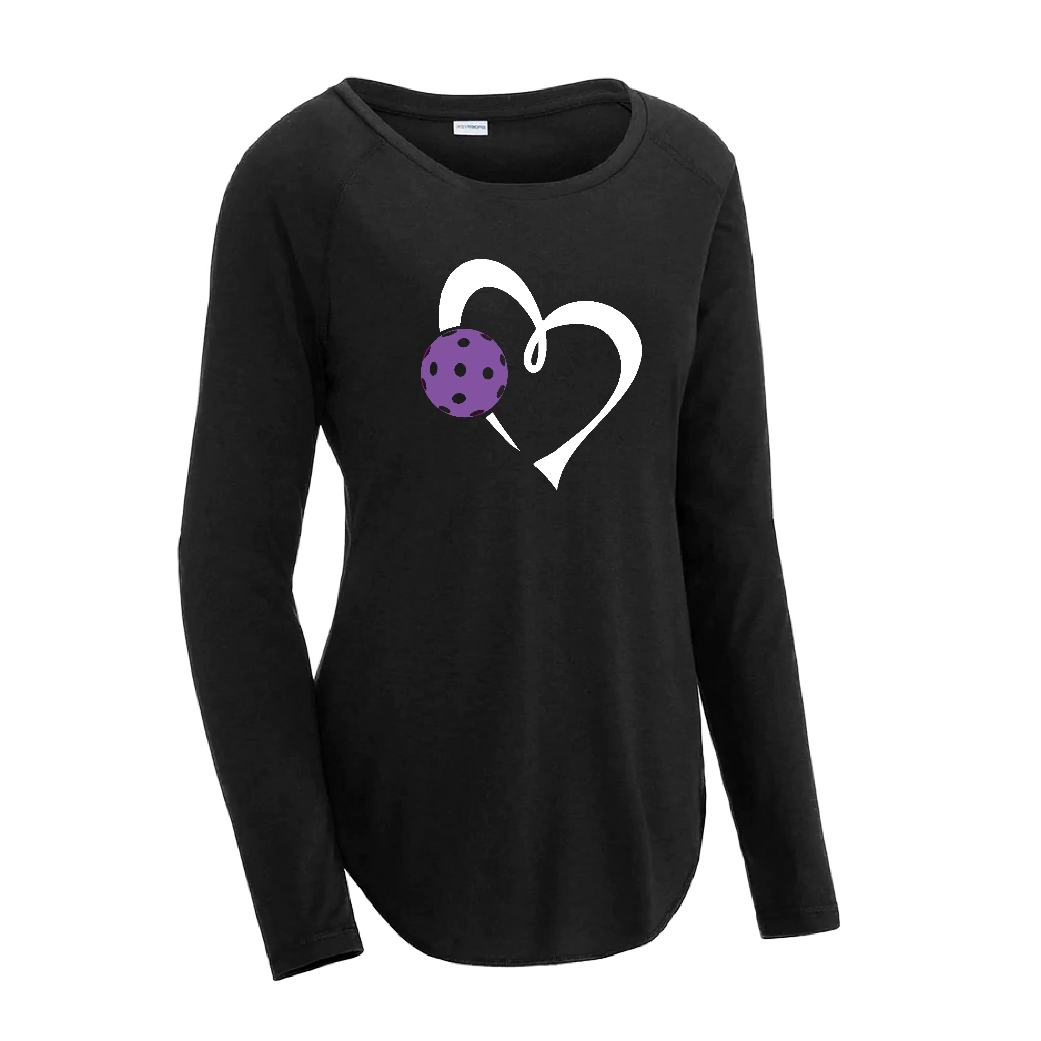 Love Pickleball Heart (Purple) | Women's Long Sleeve Scoop Neck Pickleball Shirts | 75/13/12 poly/cotton/rayon