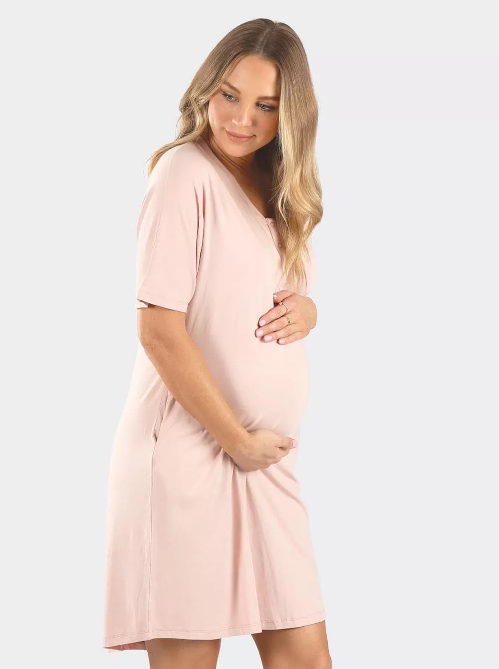 Mama Hospital Nightie with Baby Pouch Set in Pink Bamboo