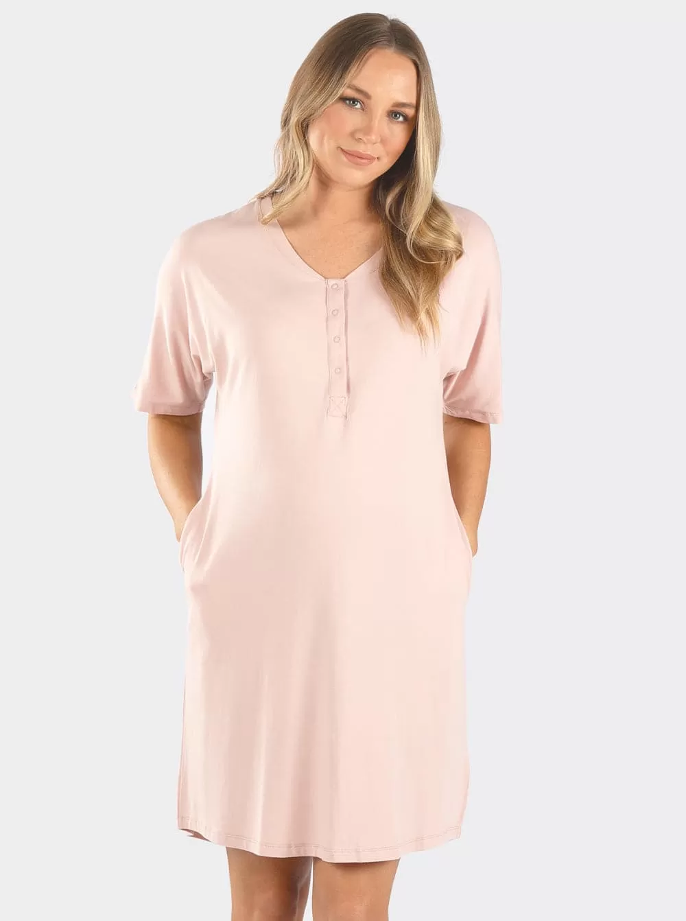 Mama Hospital Nightie with Baby Pouch Set in Pink Bamboo