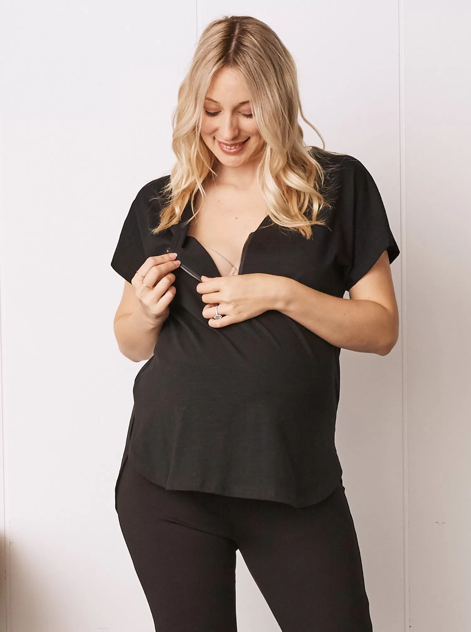 Maternity Short Sleeve Zip Front Work Blouse in Black