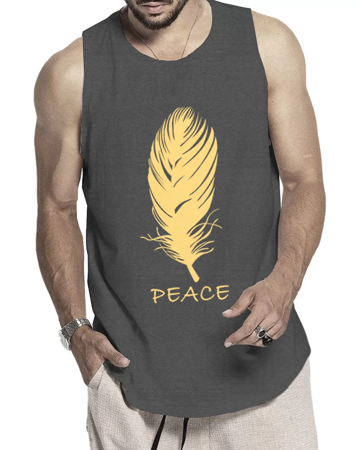 Men Dark Grey Feather Design Printed Vest