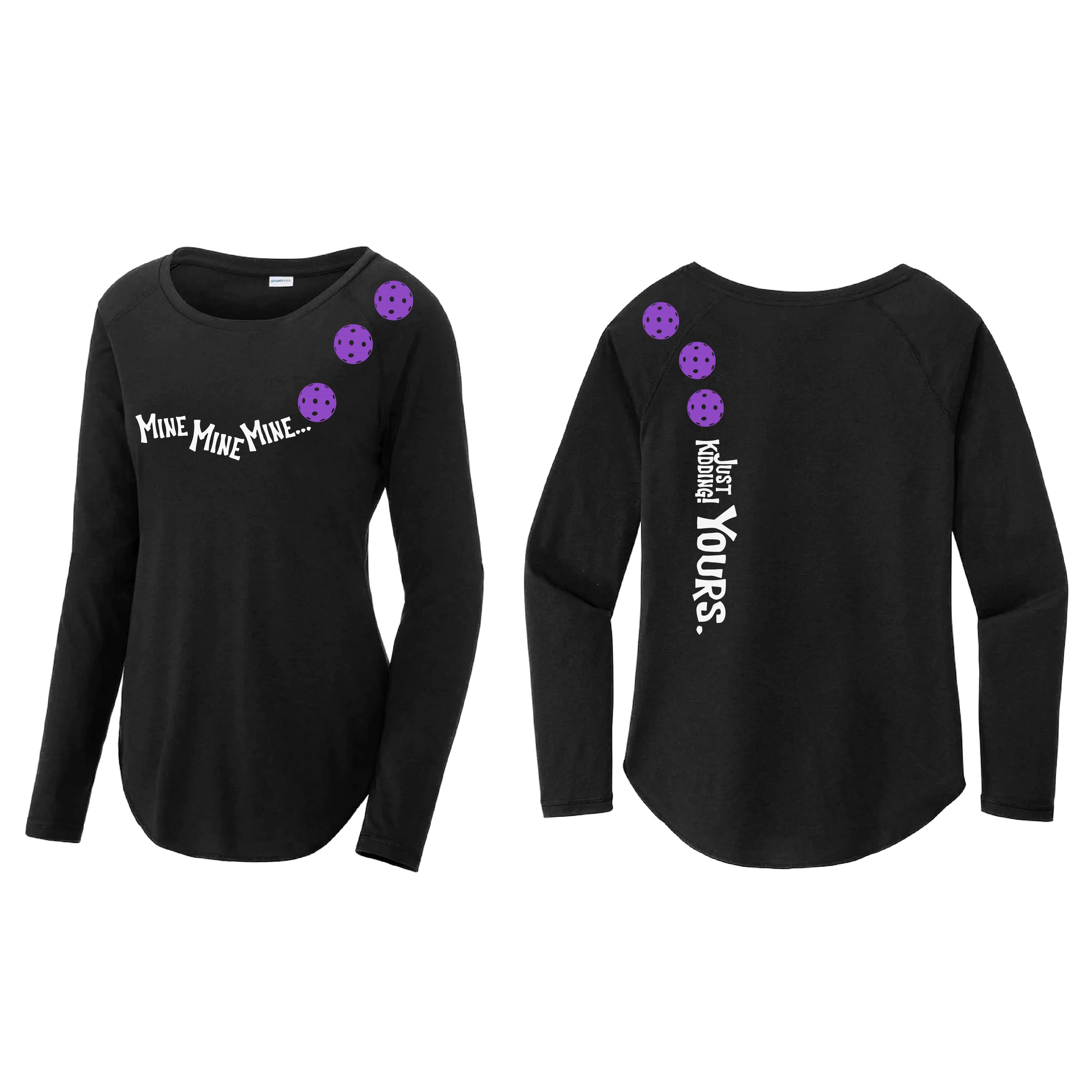 Mine JK Yours (Pickleball colors Patriotic Stars White Purple)| Women's Long Sleeve Scoop Neck Pickleball Shirts | 75/13/12 poly/cotton/rayon