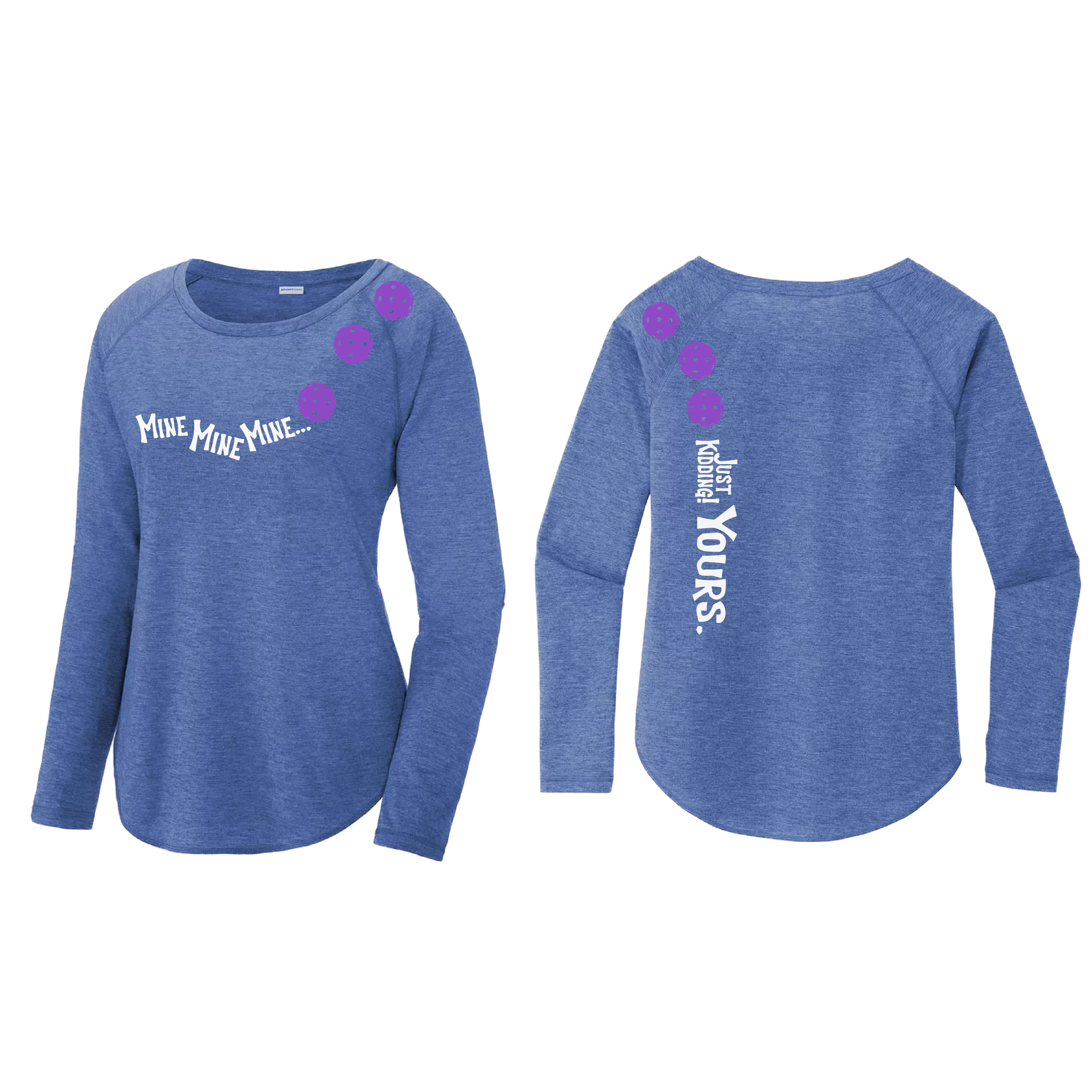 Mine JK Yours (Pickleball colors Patriotic Stars White Purple)| Women's Long Sleeve Scoop Neck Pickleball Shirts | 75/13/12 poly/cotton/rayon