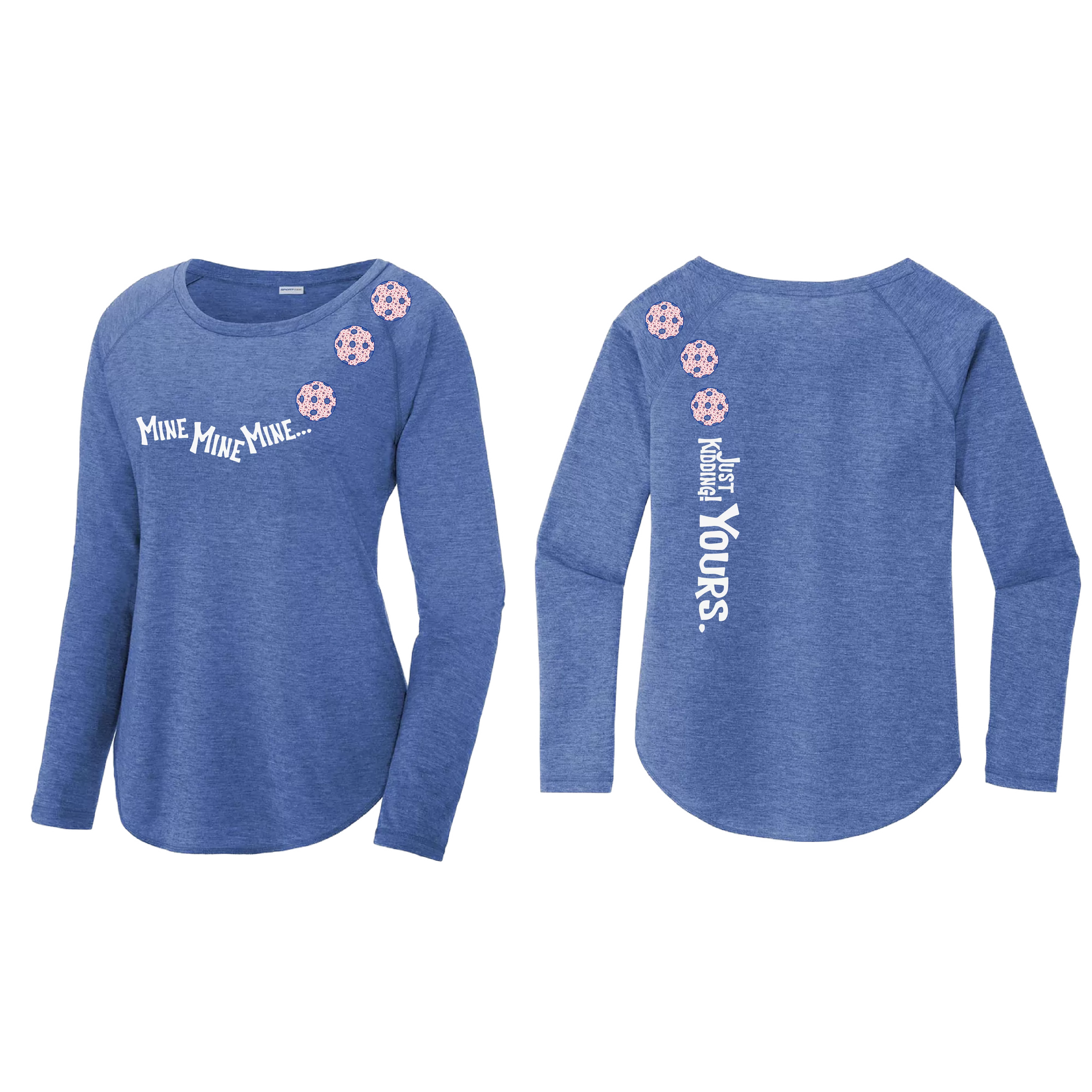 Mine JK Yours (Pickleball colors Patriotic Stars White Purple)| Women's Long Sleeve Scoop Neck Pickleball Shirts | 75/13/12 poly/cotton/rayon