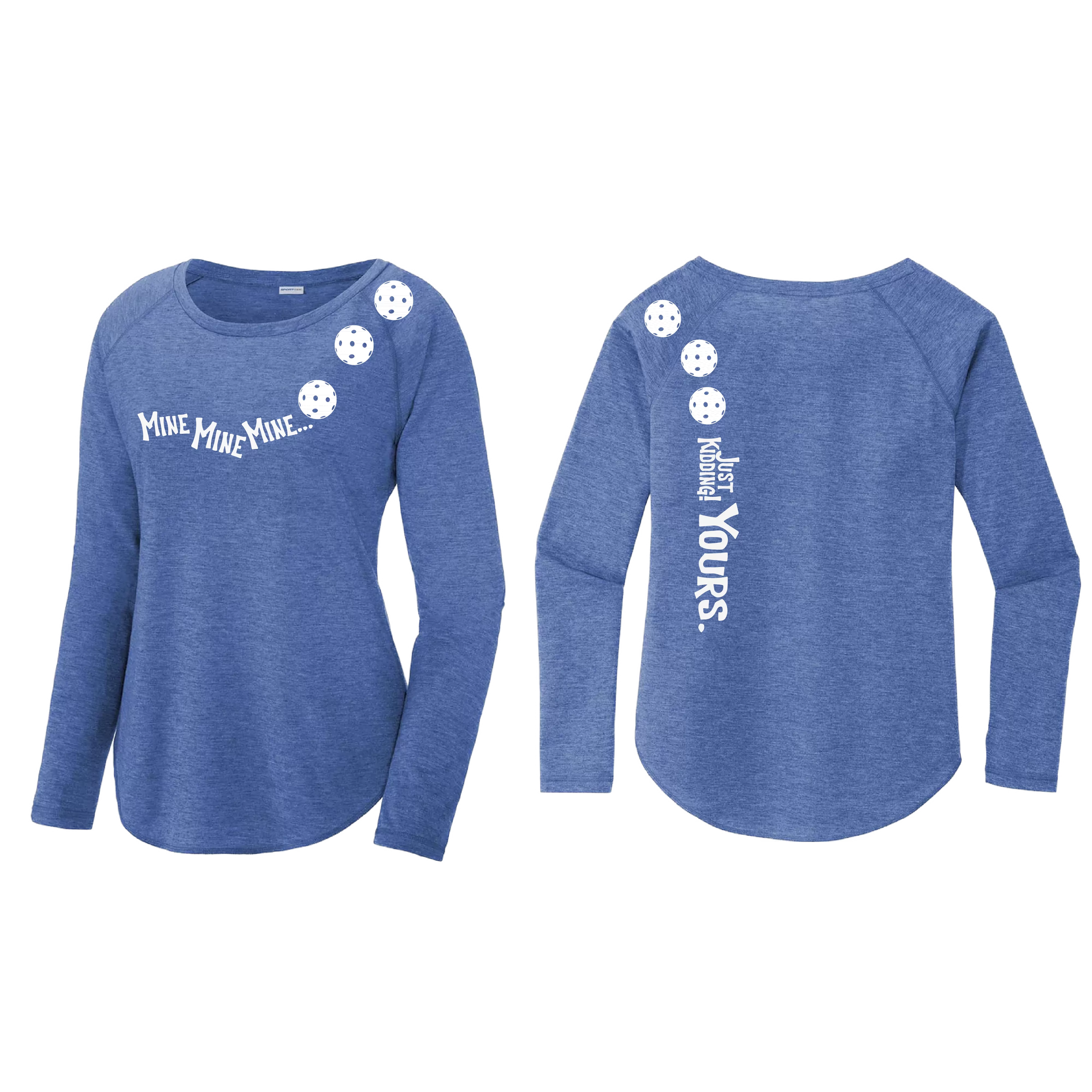 Mine JK Yours (Pickleball colors Patriotic Stars White Purple)| Women's Long Sleeve Scoop Neck Pickleball Shirts | 75/13/12 poly/cotton/rayon