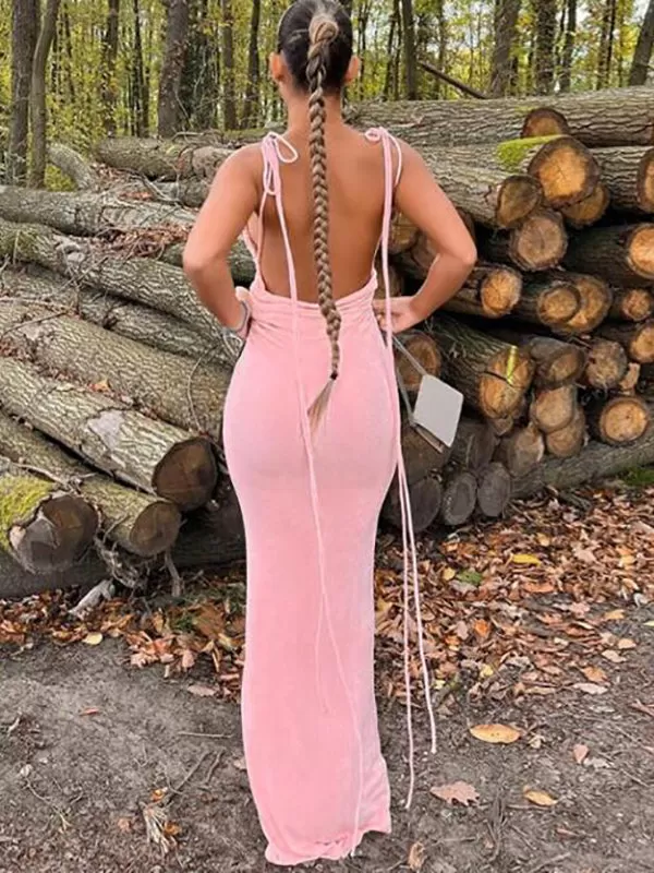 Momnfancy Pink Spaghetti Strap Halter Neck Backless Pregnancy Baby Shower Prom Wedding Guest Party Maternity Maxi Dress