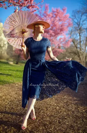 navy Lace Aurora pencil dress with removable skirt wrap