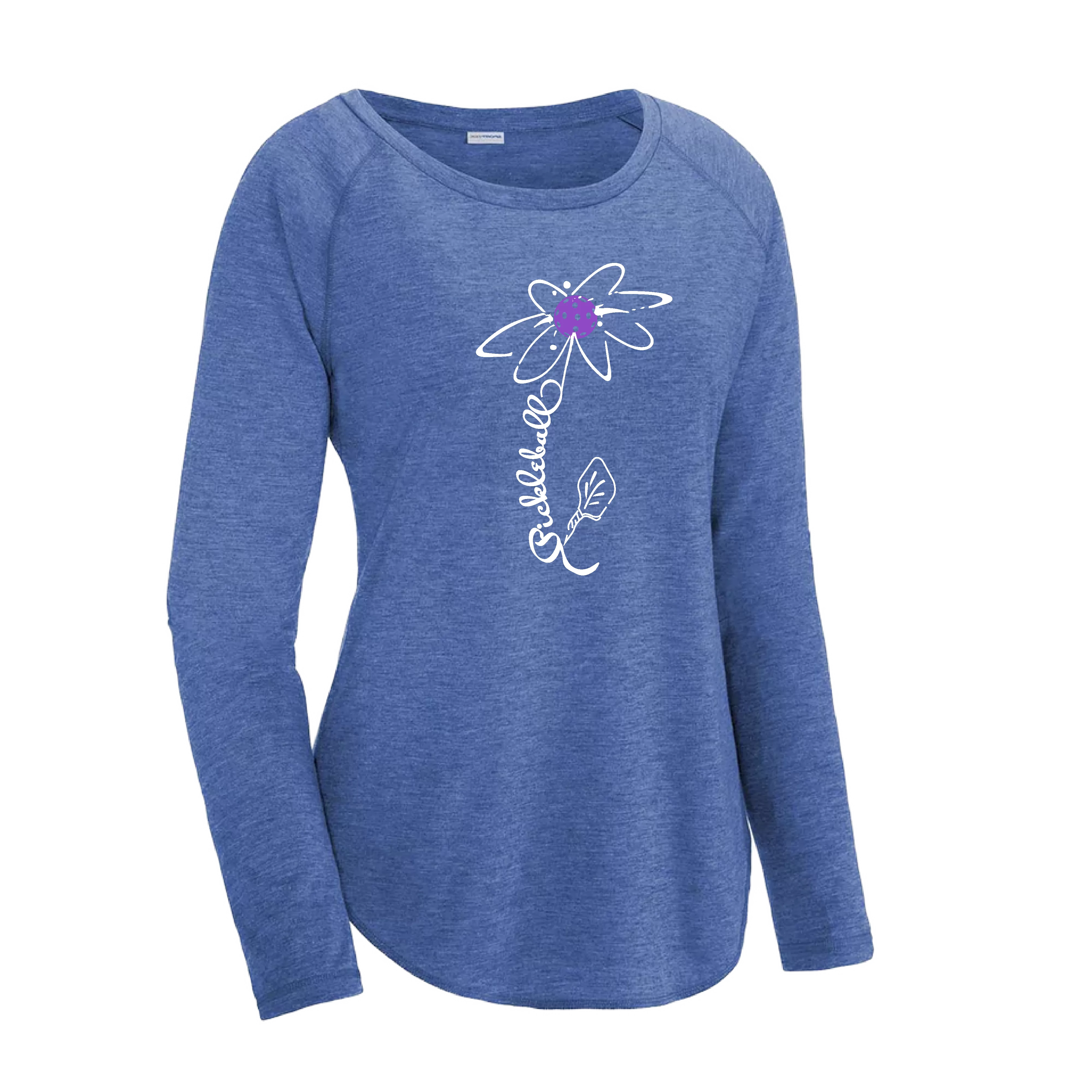 Pickleball Flower (Orange, Pink, Purple or White) | Women's Long Sleeve Scoop Neck Pickleball Shirts | 75/13/12 poly/cotton/rayon