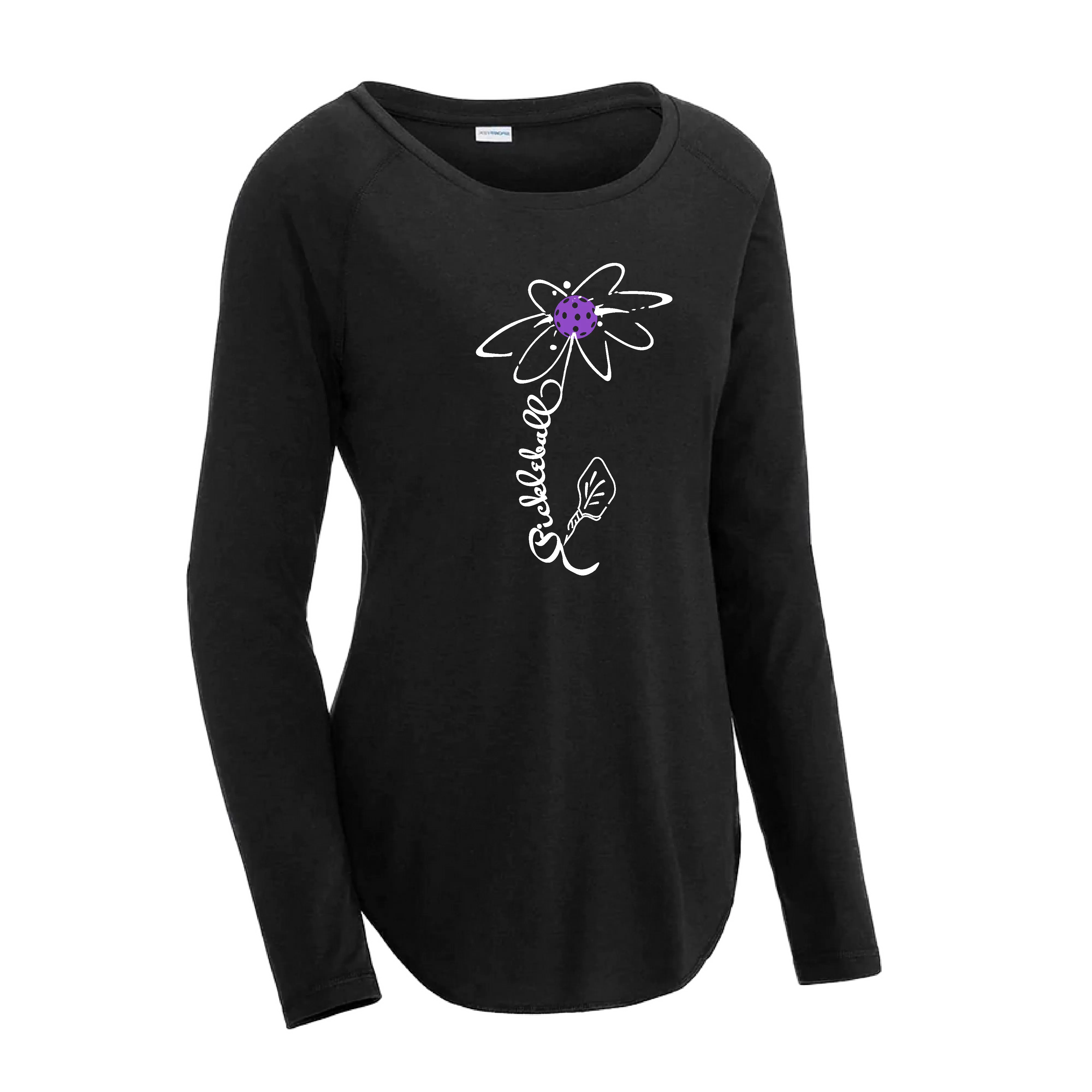 Pickleball Flower (Orange, Pink, Purple or White) | Women's Long Sleeve Scoop Neck Pickleball Shirts | 75/13/12 poly/cotton/rayon