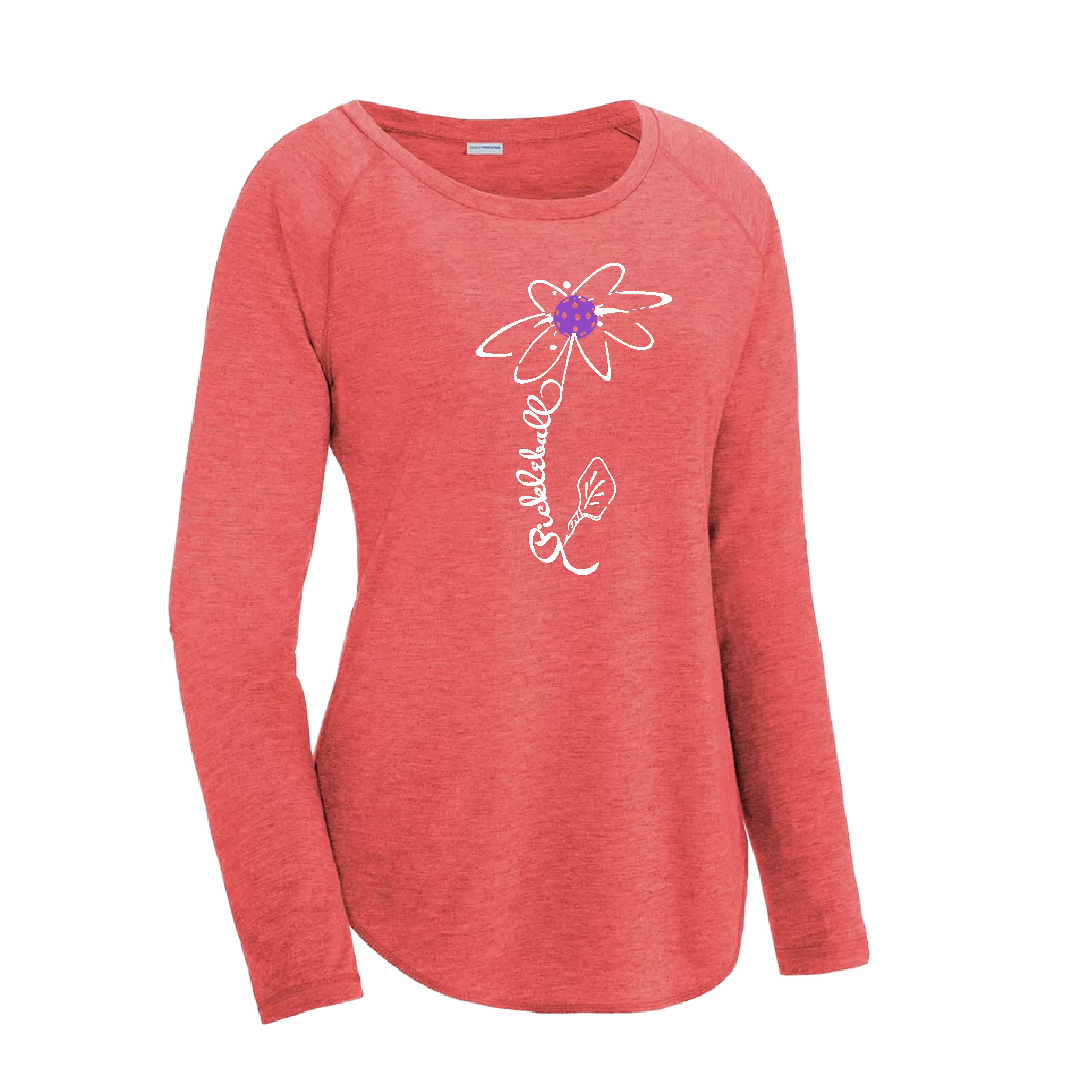 Pickleball Flower (Orange, Pink, Purple or White) | Women's Long Sleeve Scoop Neck Pickleball Shirts | 75/13/12 poly/cotton/rayon