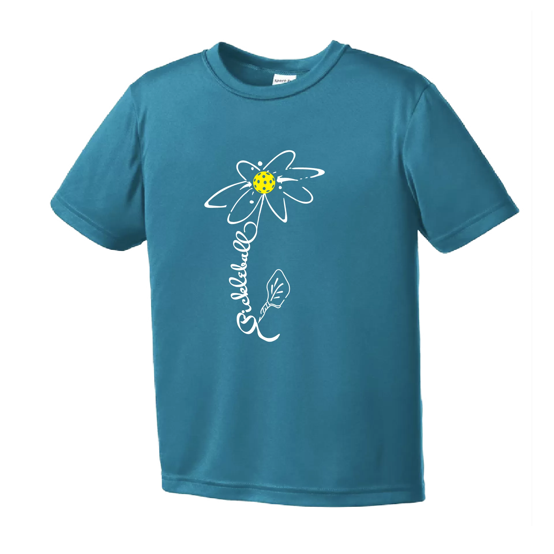 Pickleball Flower (Yellow, Cyan or Green) | Youth Short Sleeve Athletic Shirt | 100% Polyester