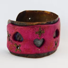 Pink Sorbet Leather and Copper Cuff with Hearts