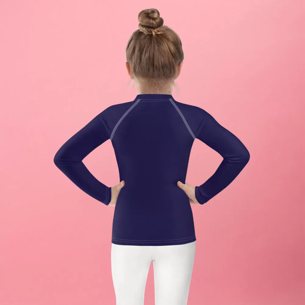 Playful Protection: Kid's Solid Color Rash Guards for Girls - Midnight Blue