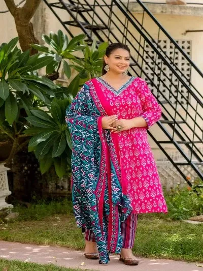 Plus Size Rani Pink Cotton Printed Readymade Salwar Suit