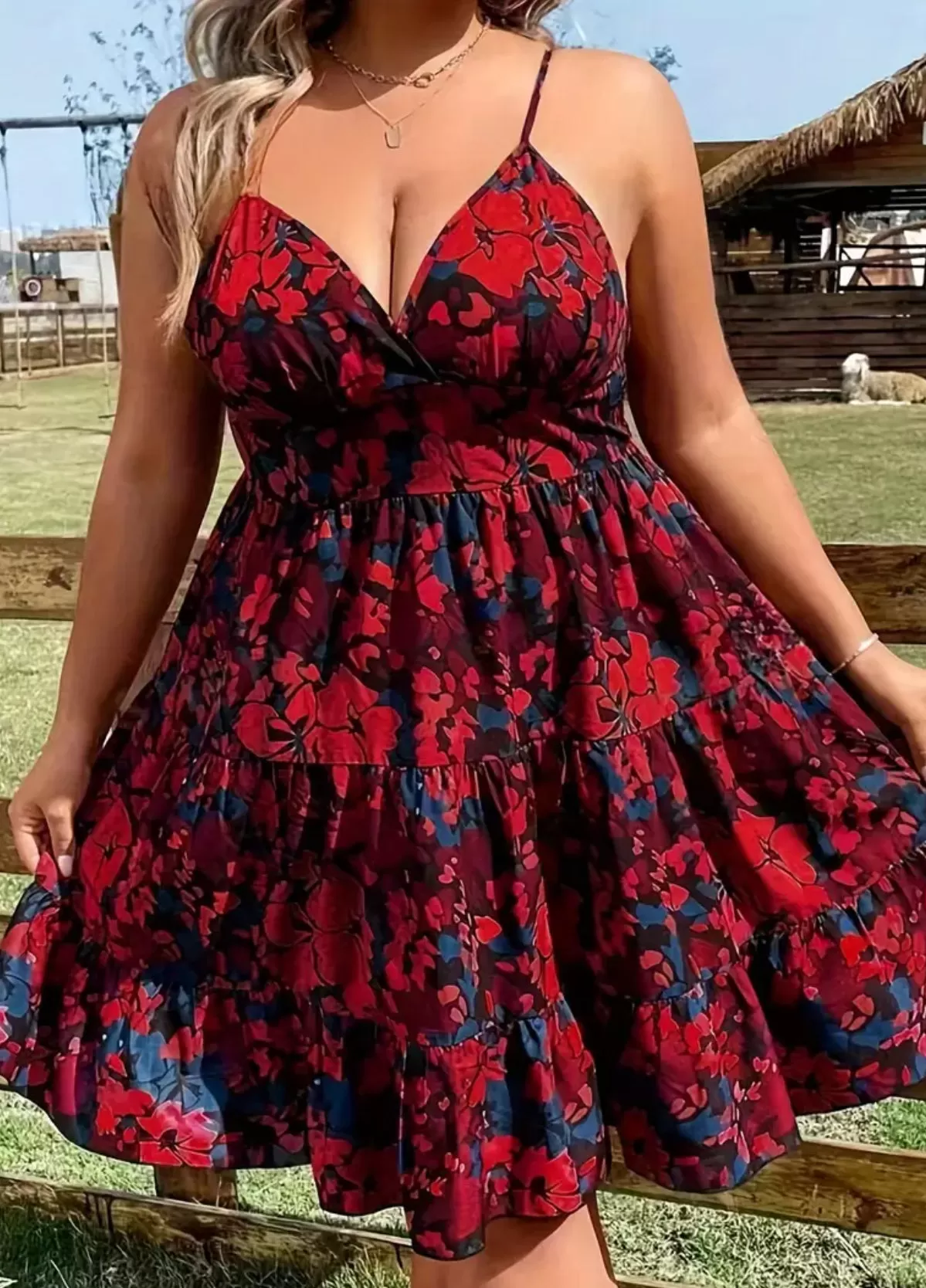 Plus Size “Red Floral” Ruched Tiered, Elegant V Neck Sleeveless Dress