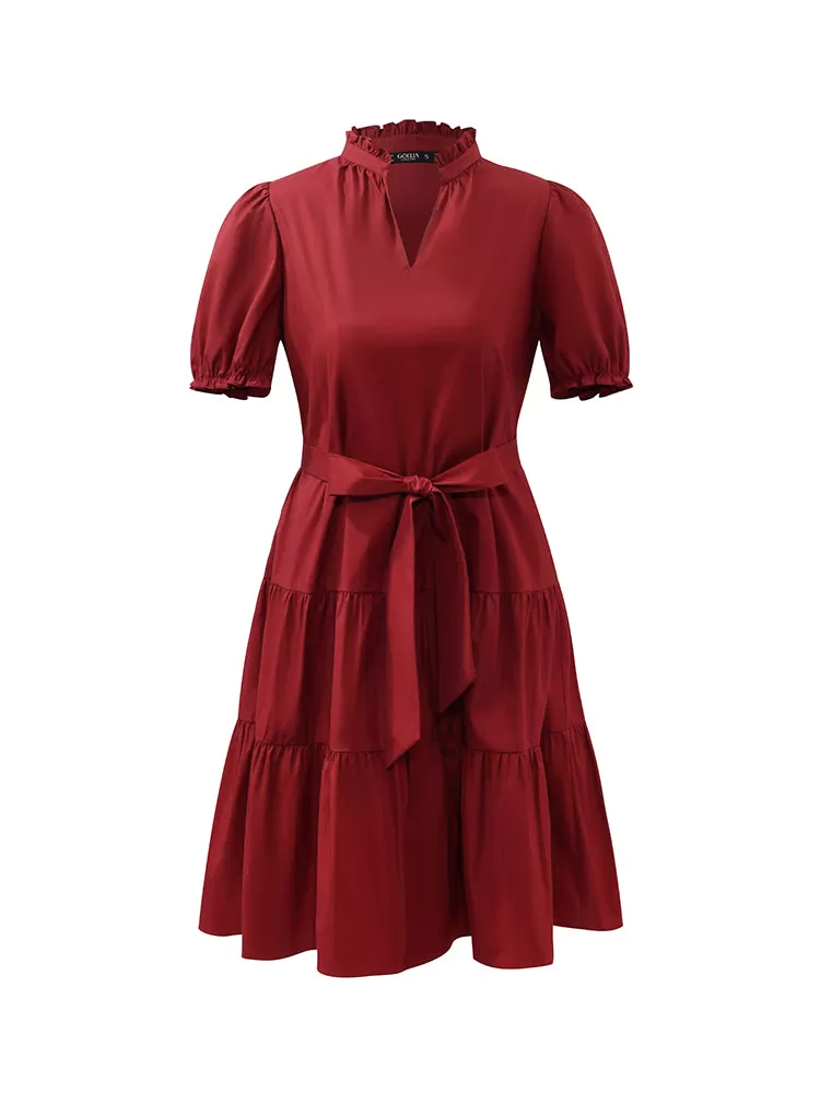 Puff Sleeves Tiered Women Mini Dress With Belt