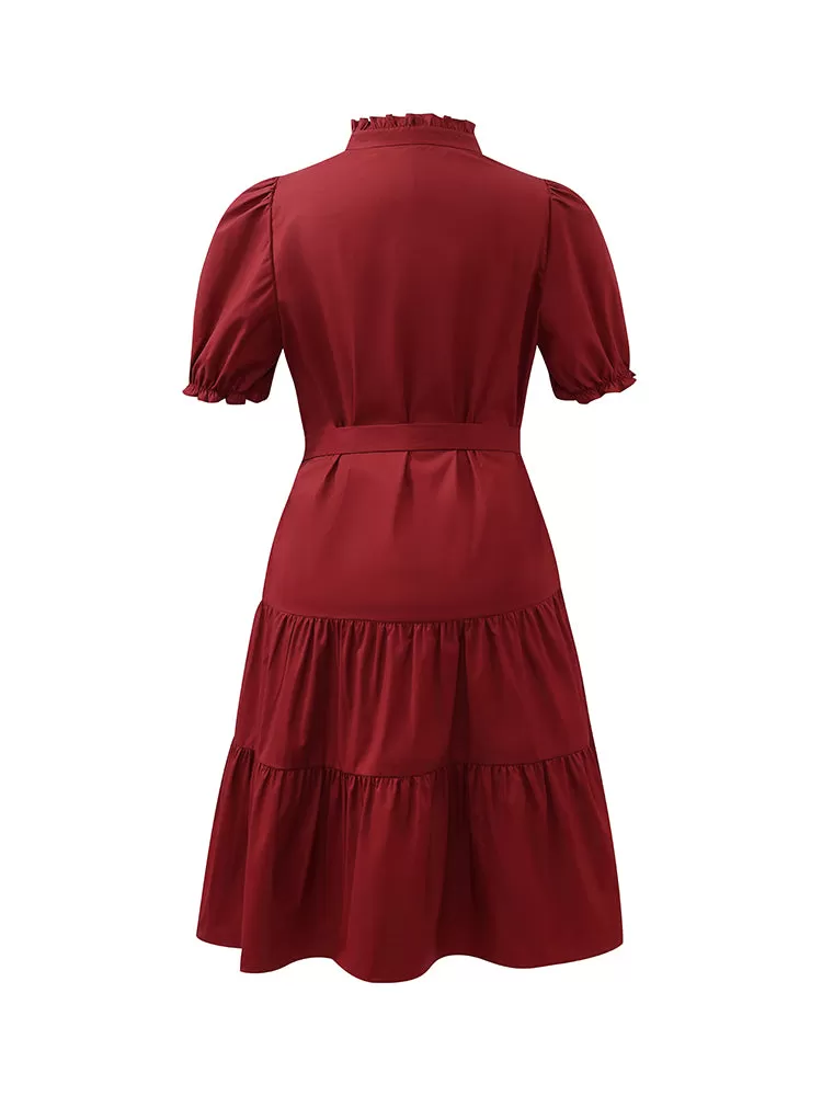 Puff Sleeves Tiered Women Mini Dress With Belt